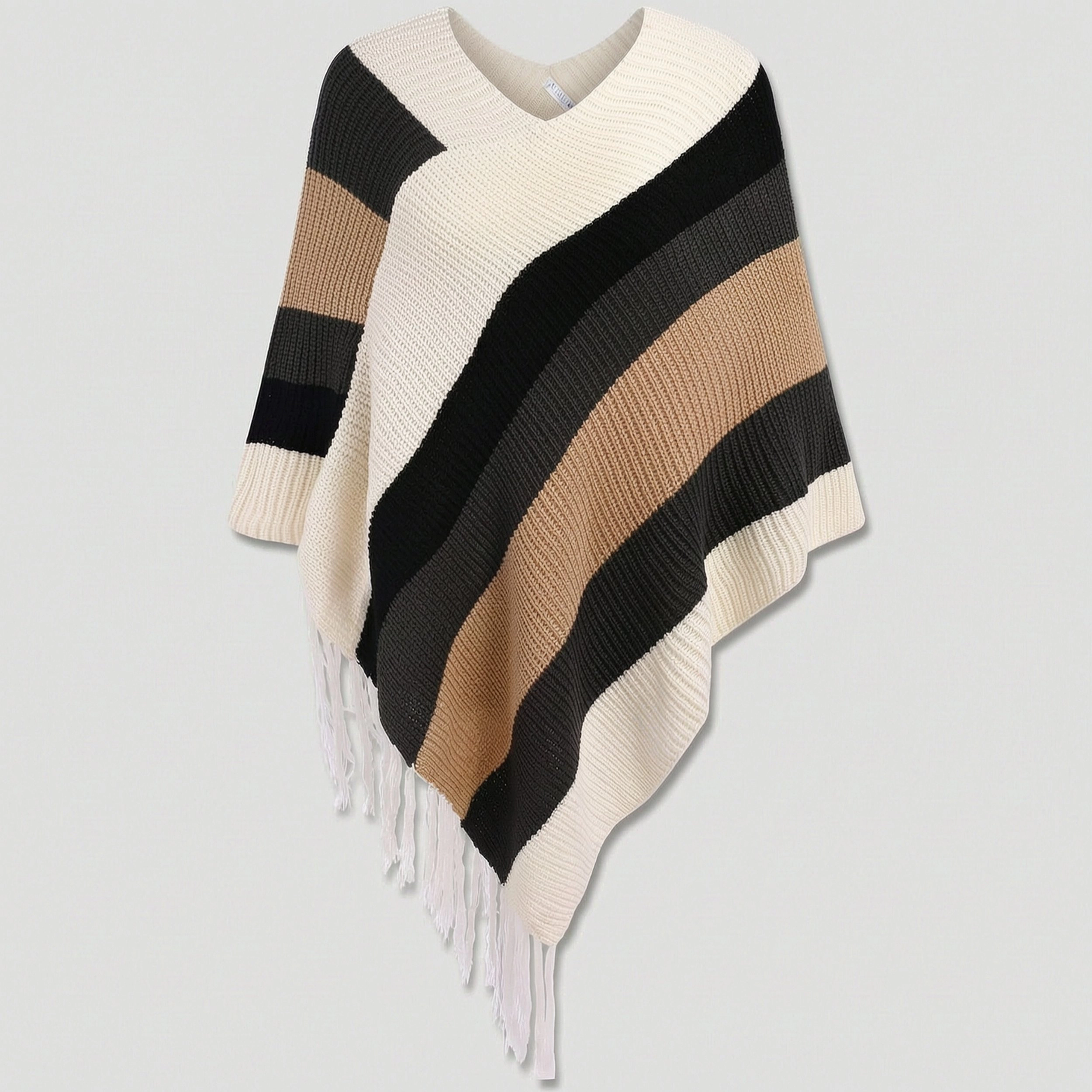 Zeagoo Women's Fringed Striped V-Neck Knitted Poncho
