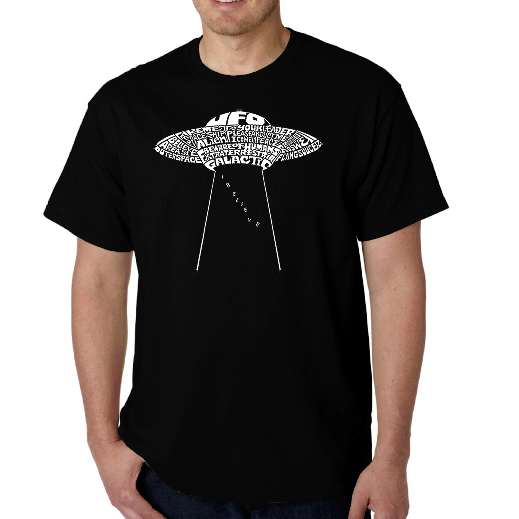 LA Pop Art Men's Flying Saucer UFO Word T-Shirt - Regular Fit, Made Honduras