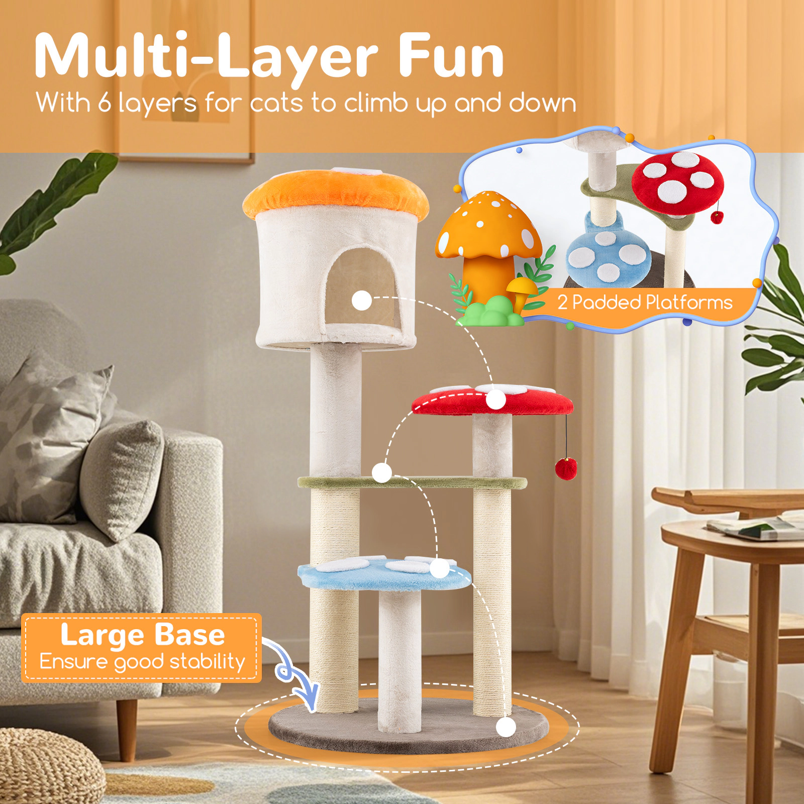 SUGIFT 48-in Mushroom-Shaped Cat Tree with Top Condo 14-in Padded Platforms and Sisal Scratching Posts