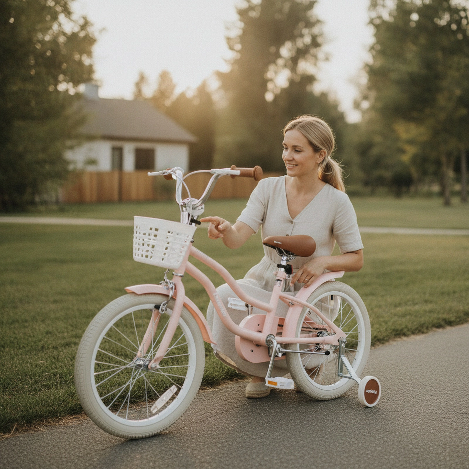 18-in Kids Bike Front Handbrake Rear Coaster Brake Removable Storage Basket Height Adjustable Handlebar Seat Pink