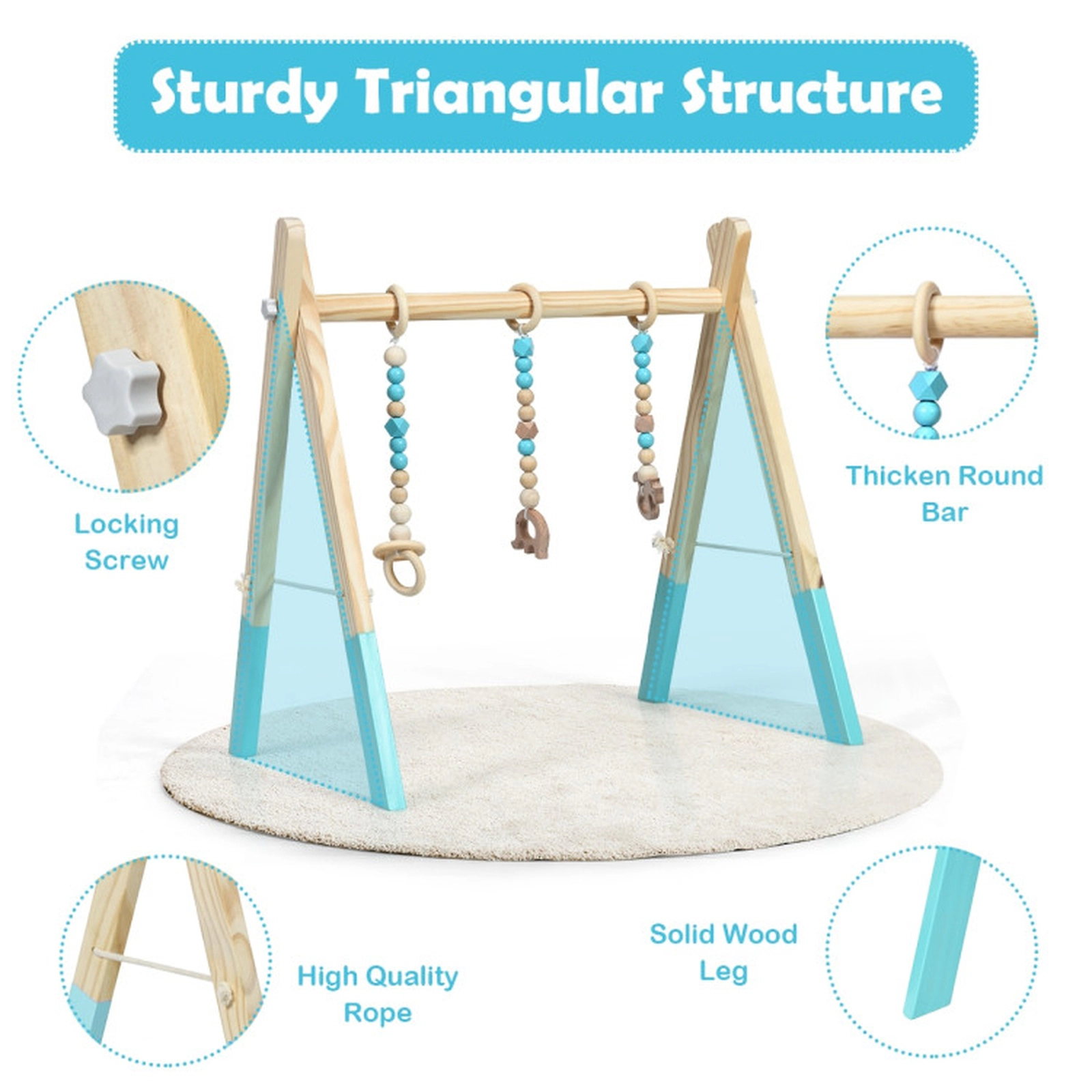 SUGIFT Baby Blue Wooden Play Gym with 3 Hanging Teething Toys and Folding Frame 23.5-in W 17.5-in D 23.5-in H