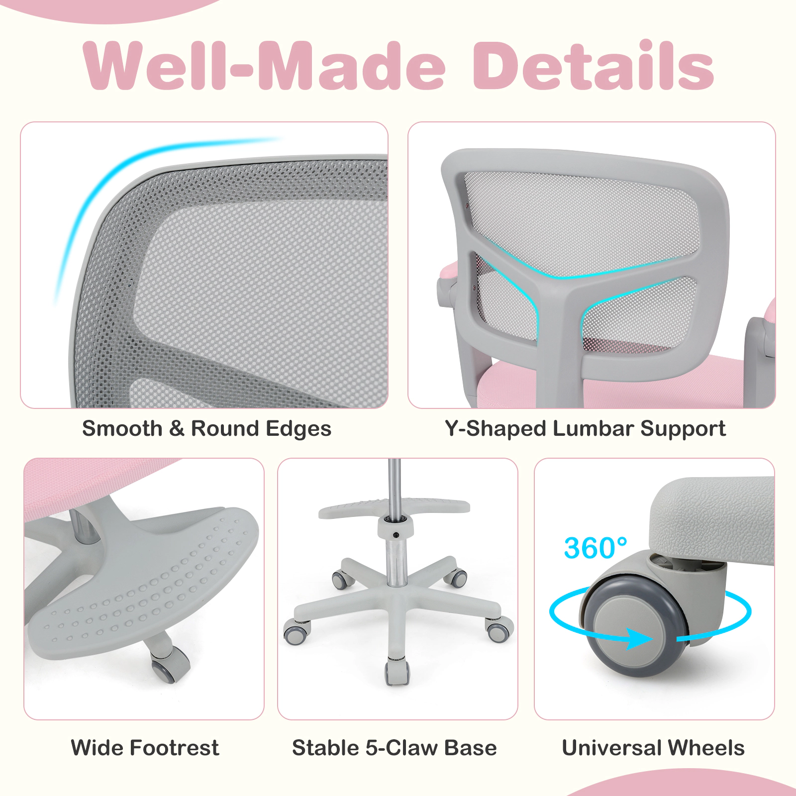 SUGIFT Adjustable Kids Study Desk Chair with Swivel Seat Armrests & Footrest 330-lb Capacity 22.5 x 21.5 x 31.5 in Pink