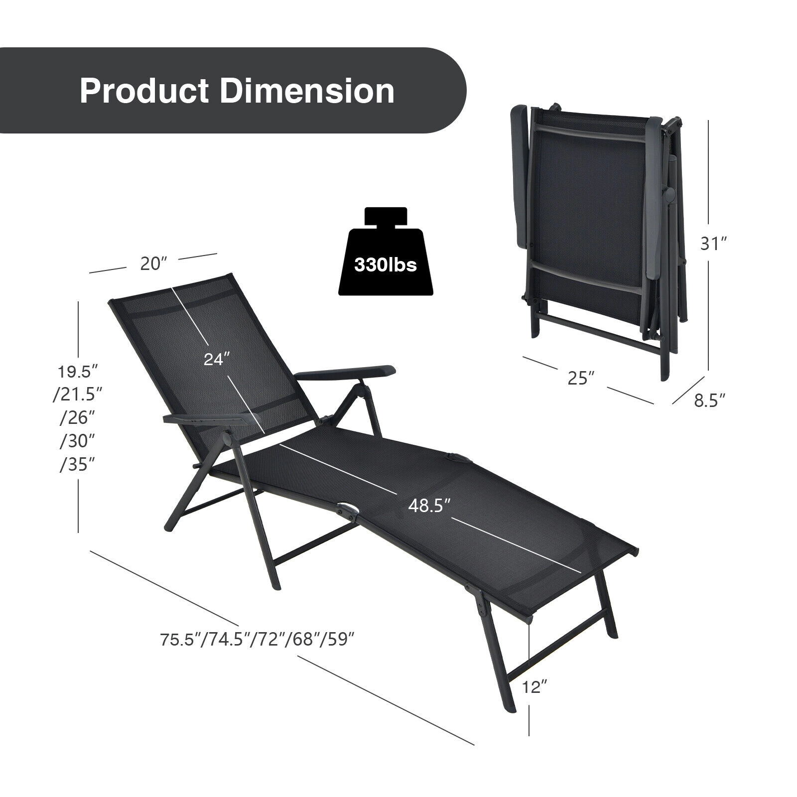 SUGIFT 2-Piece Foldable Chaise Lounge Chair 5-Position Backrest & 2-Position Footrest 330-lb Capacity Black Brown Gray