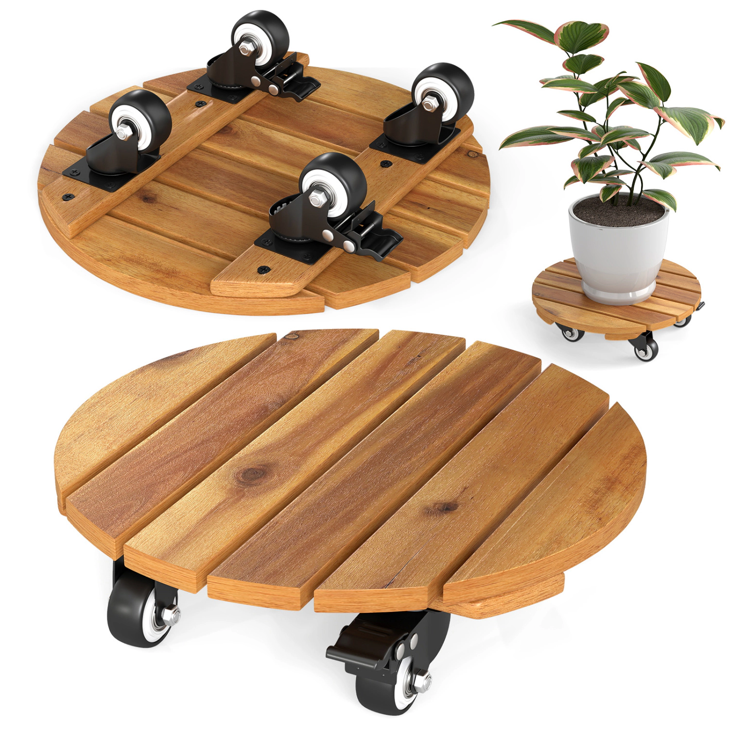 LJG Heavy Duty Acacia Wood Rolling Plant Stand with 360° Lockable Casters