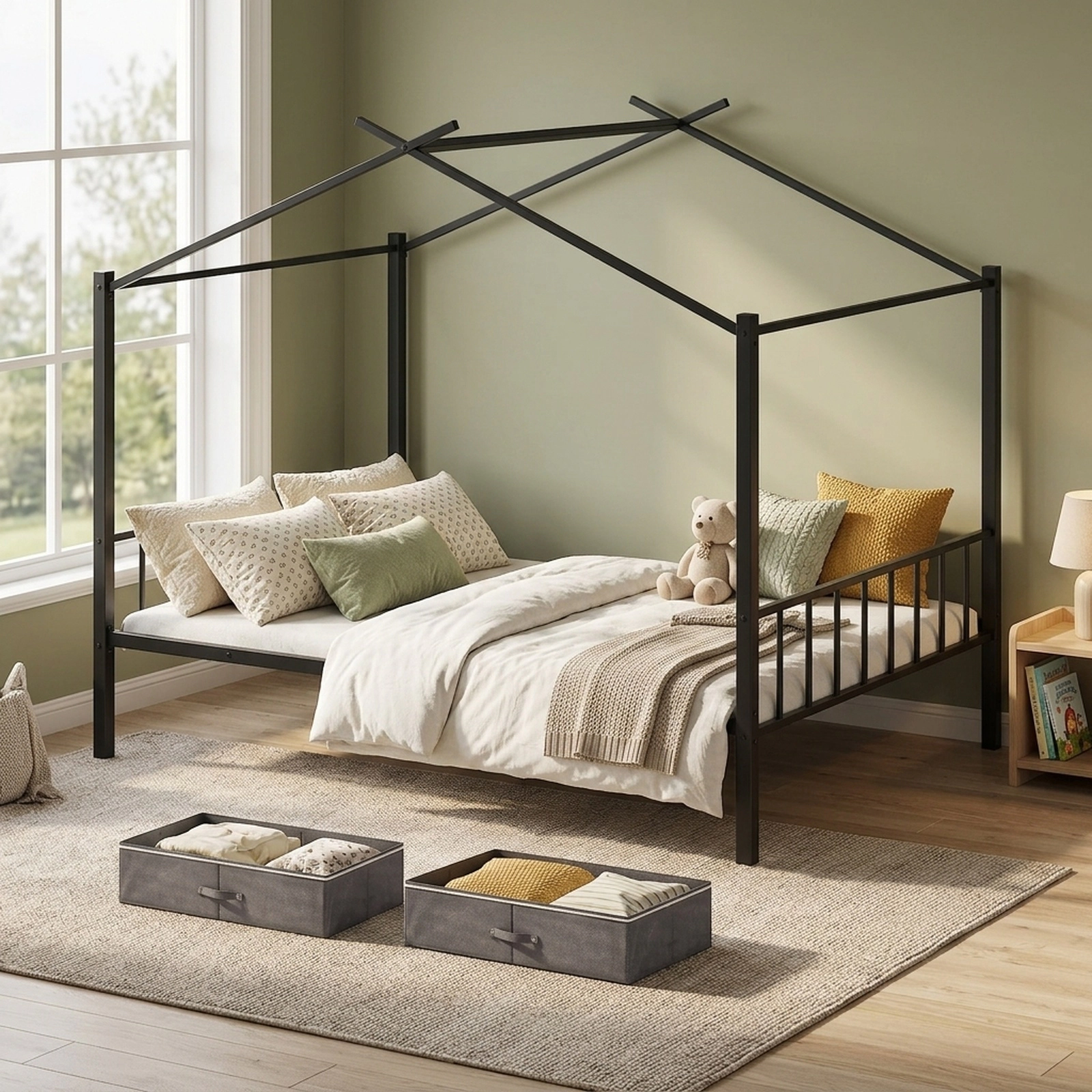 SUGIFT Full-Size Metal House Bed for Kids, 2 Zippered Drawers, Black