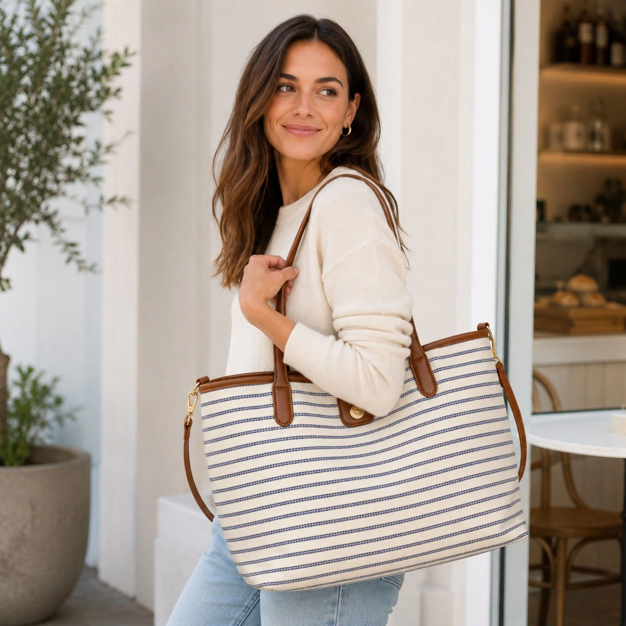 Alilang Women's Striped Canvas Tote Bag with Faux Leather Trim and Large Capacity