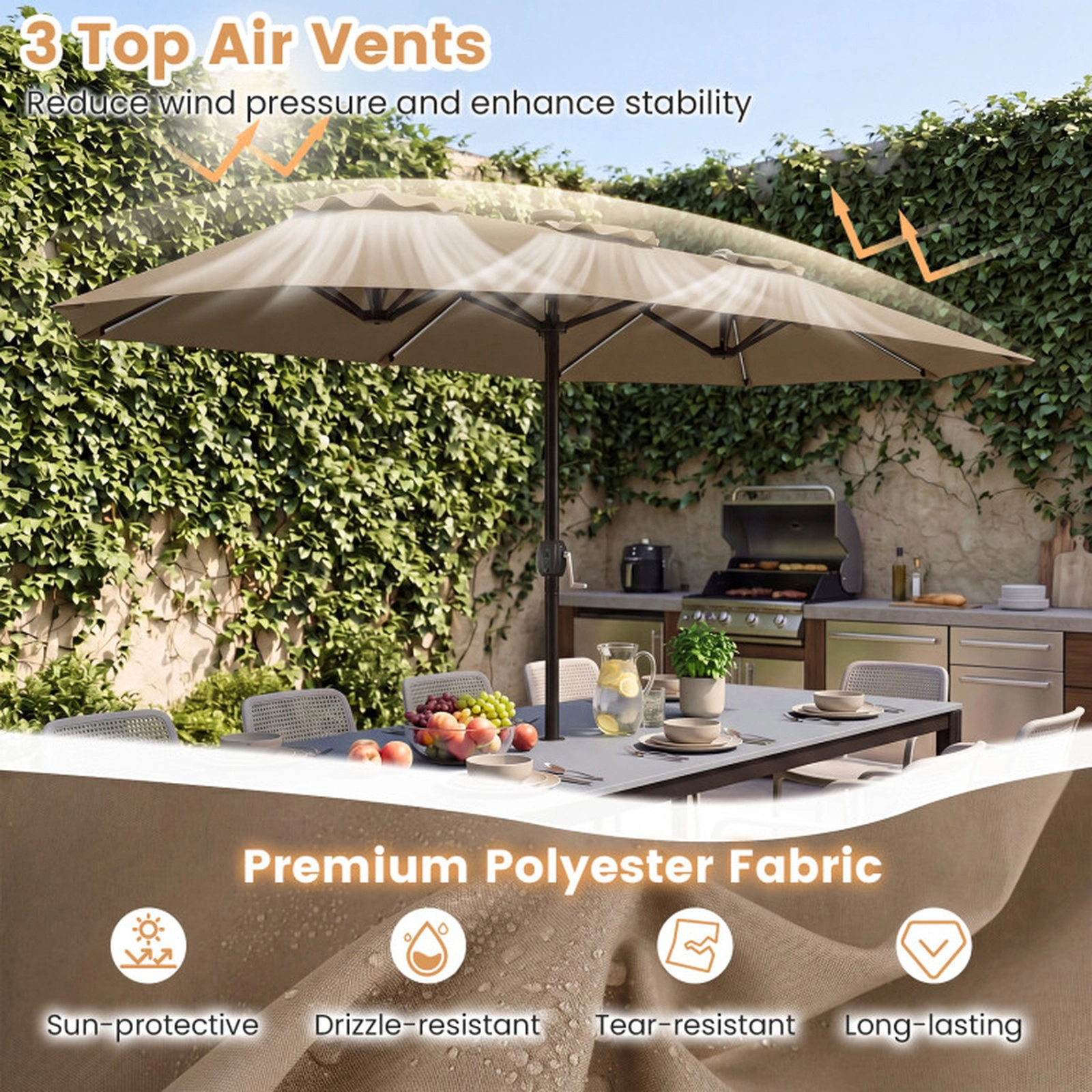 SUGIFT Double-Sided Patio Umbrella with 13 x 7ft Canopy & Color-Changing Solar LED Lights 108-Light 12-Mode Design Brown