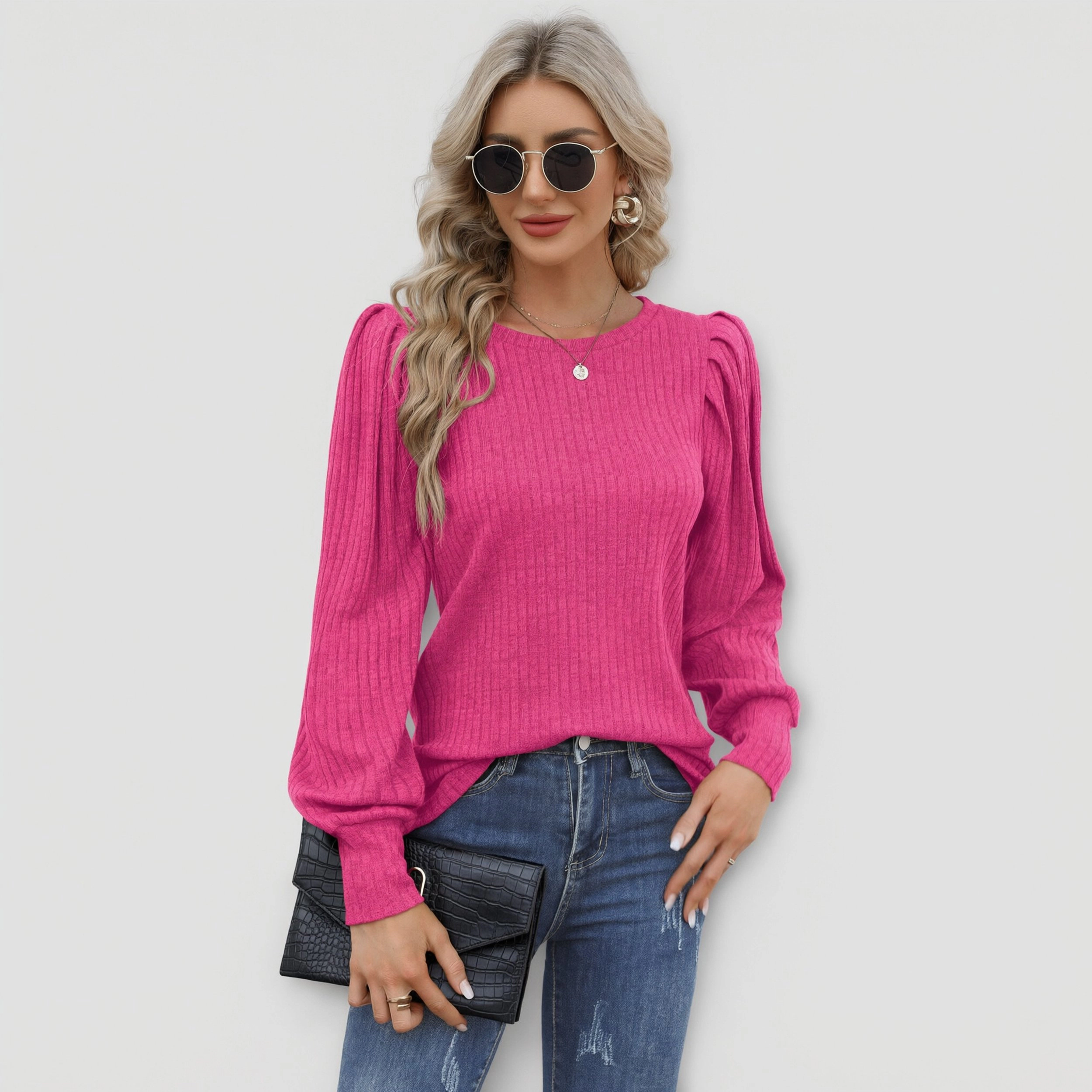 Zeagoo Women Puff Sleeve Round Neck Sweater