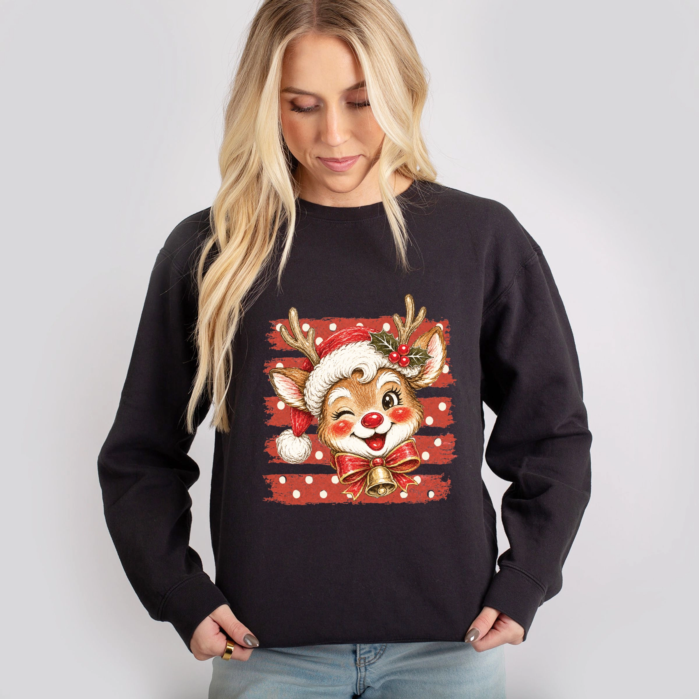 Simply Sage Market - Women's Lightweight Garment Dyed Sweatshirt Reindeer Stripes and Polka Dots
