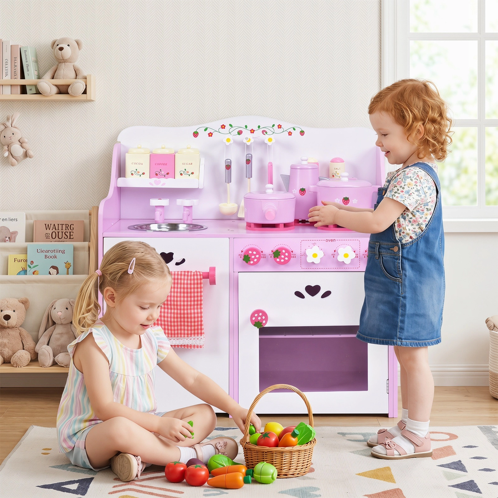 Small Wooden Play Kitchen for Toddlers Strawberry Design Working Knobs Storage Shelf 23.6-in x 11.6-in x 24.4-in Pink