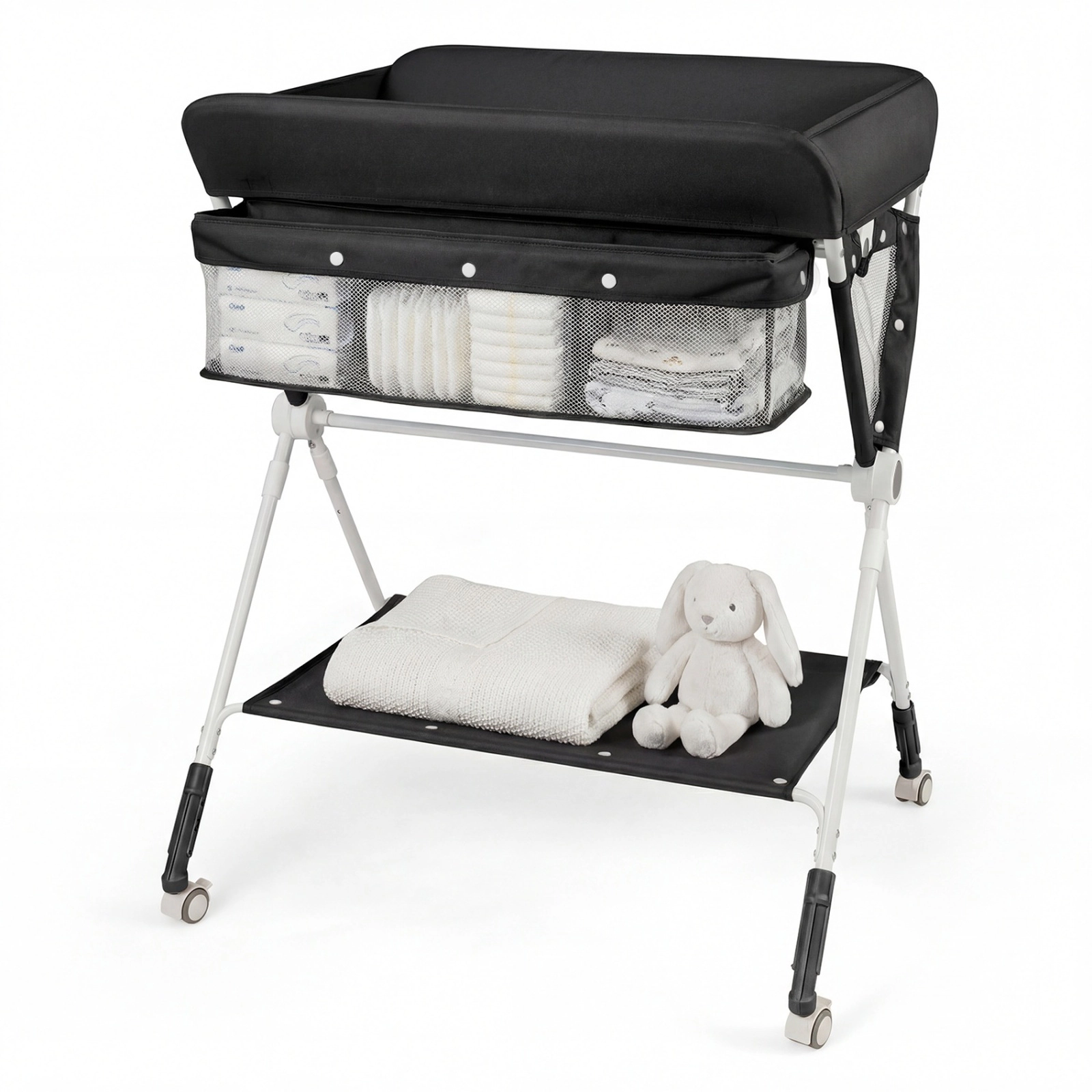 SUGIFT Black Folding Baby Changing Table, 3-Level Adjustable Height Diaper Station with Basket