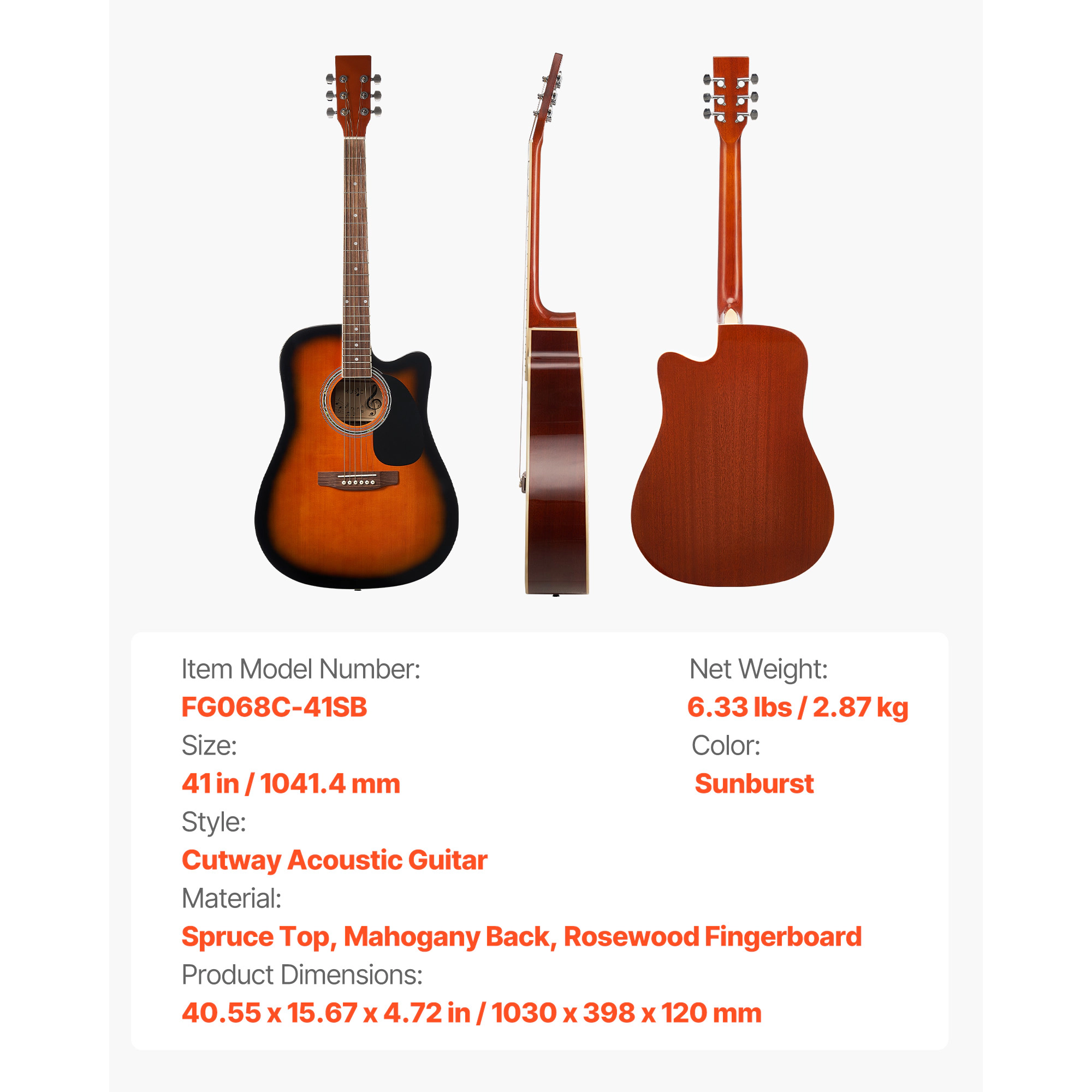 HONGGE 41 in Cutway Acoustic Guitar 6-String Solid Spruce Top Beginner Bundle with Gig Bag Tuner Strap Strings Picks