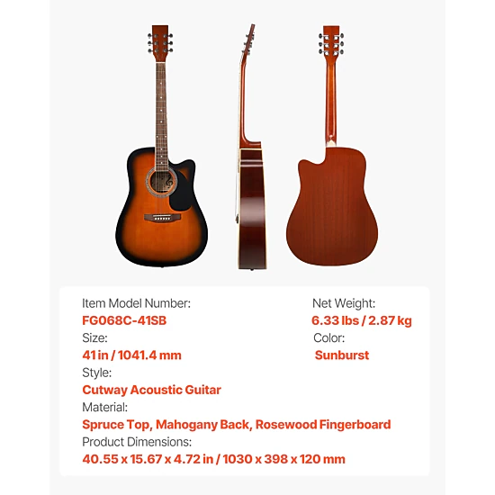 HONGGE 41 in Cutway Acoustic Guitar 6-String Solid Spruce Top Beginner Bundle with Gig Bag Tuner Strap Strings Picks