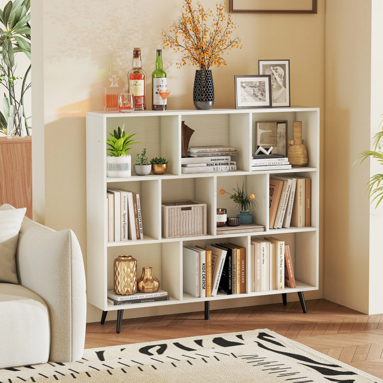 SUGIFT 10-Cube 42-in Tall Storage Bookshelf with 5 Tapered Metal Legs and 2 Anti-Tipping Kits for Bedroom