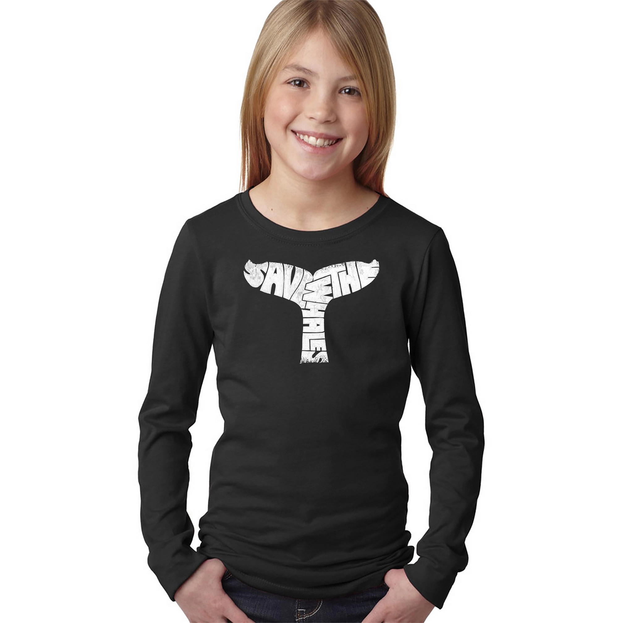 LA Pop Art Girls Long Sleeve Word T-Shirt - SAVE THE WHALES