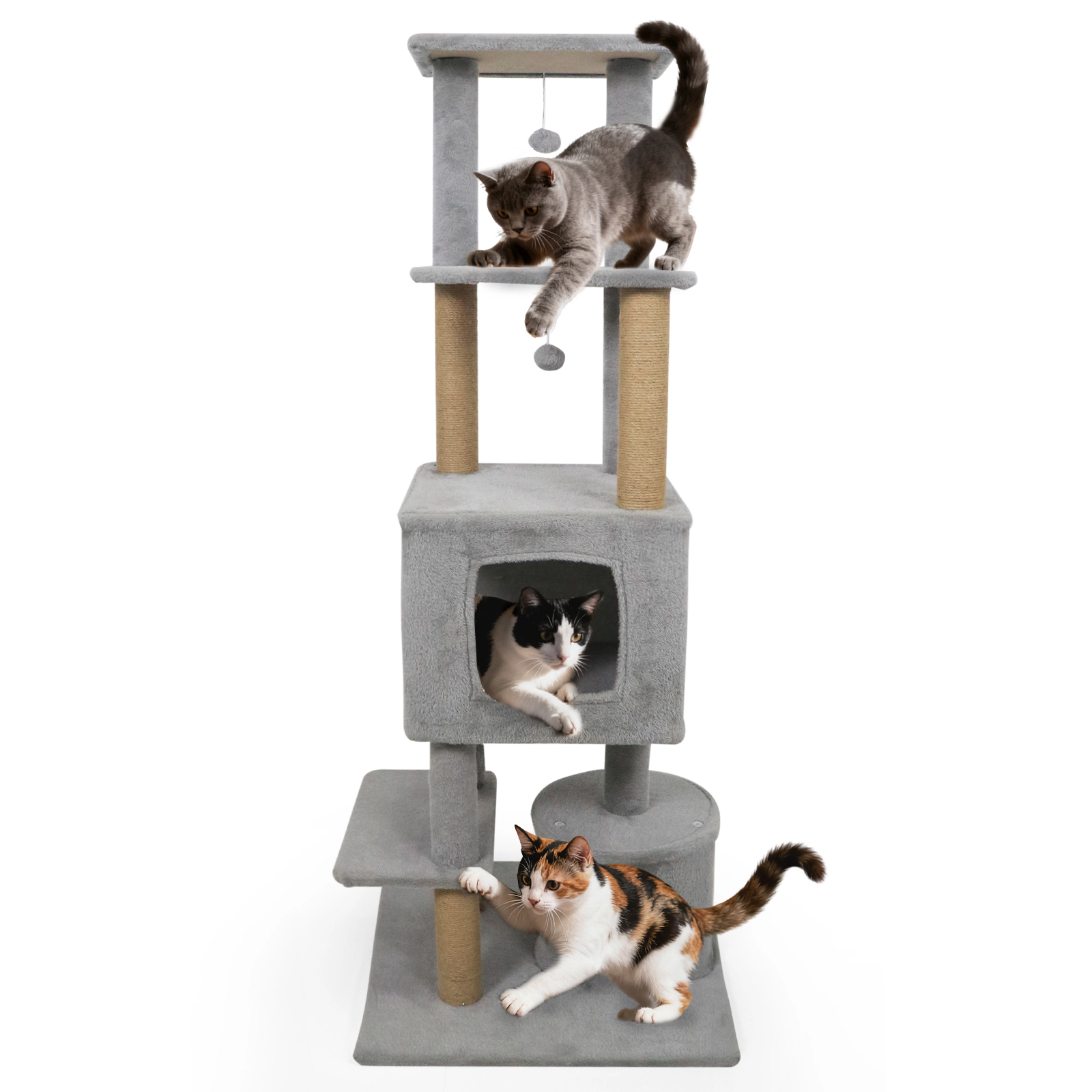 SUGIFT 64-in Light Grey Tall Cat Tree Scratching Tower with Natural Jute Posts 2 Condos and Top Perch