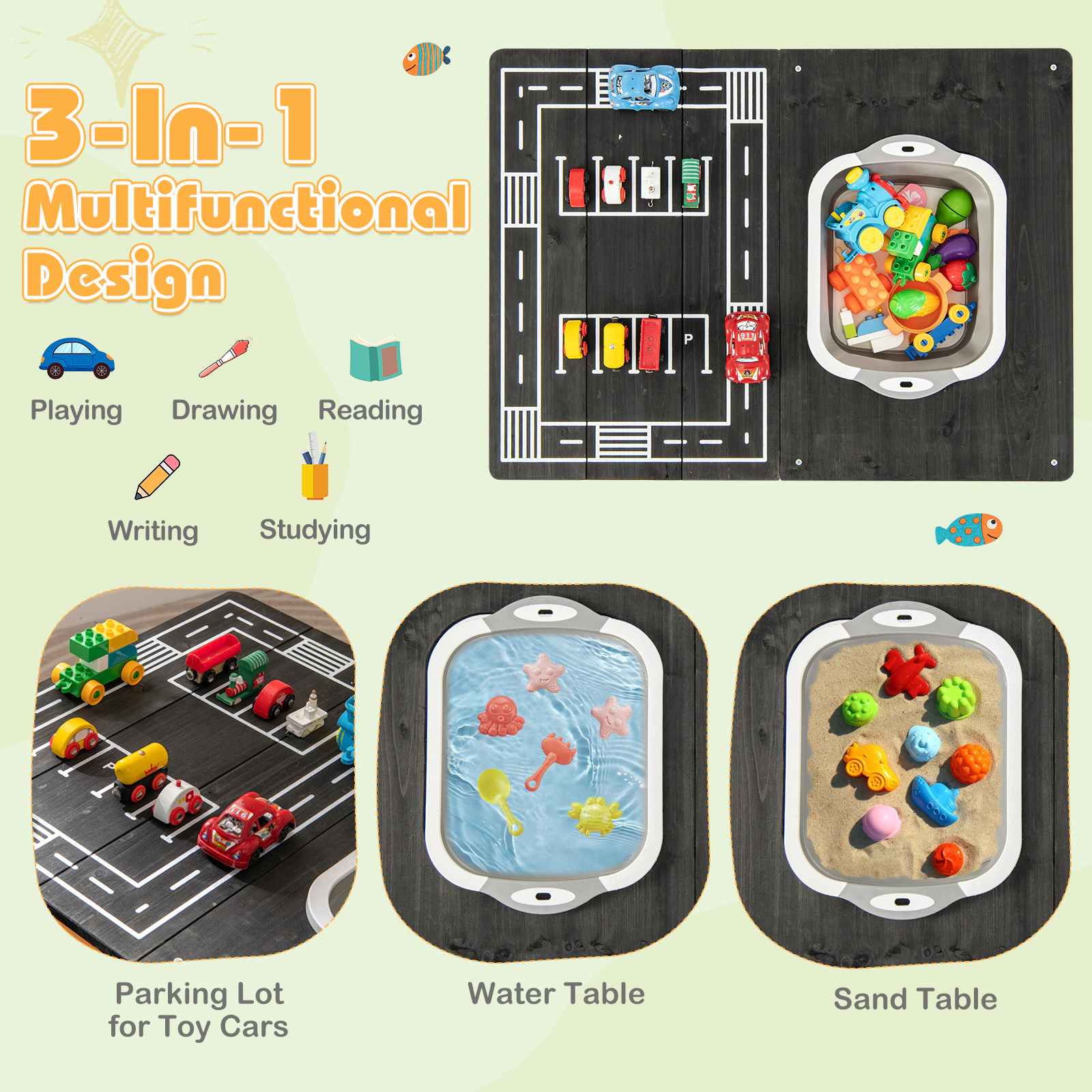Hivvago 3-In-1 Kids Sand Water Activity Table With Foldable Storage Bin