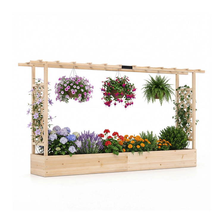 Hivvago 45 Inch Tall Wooden Raised Garden Bed with Side Trellis and Hanging Roof Drainage Holes