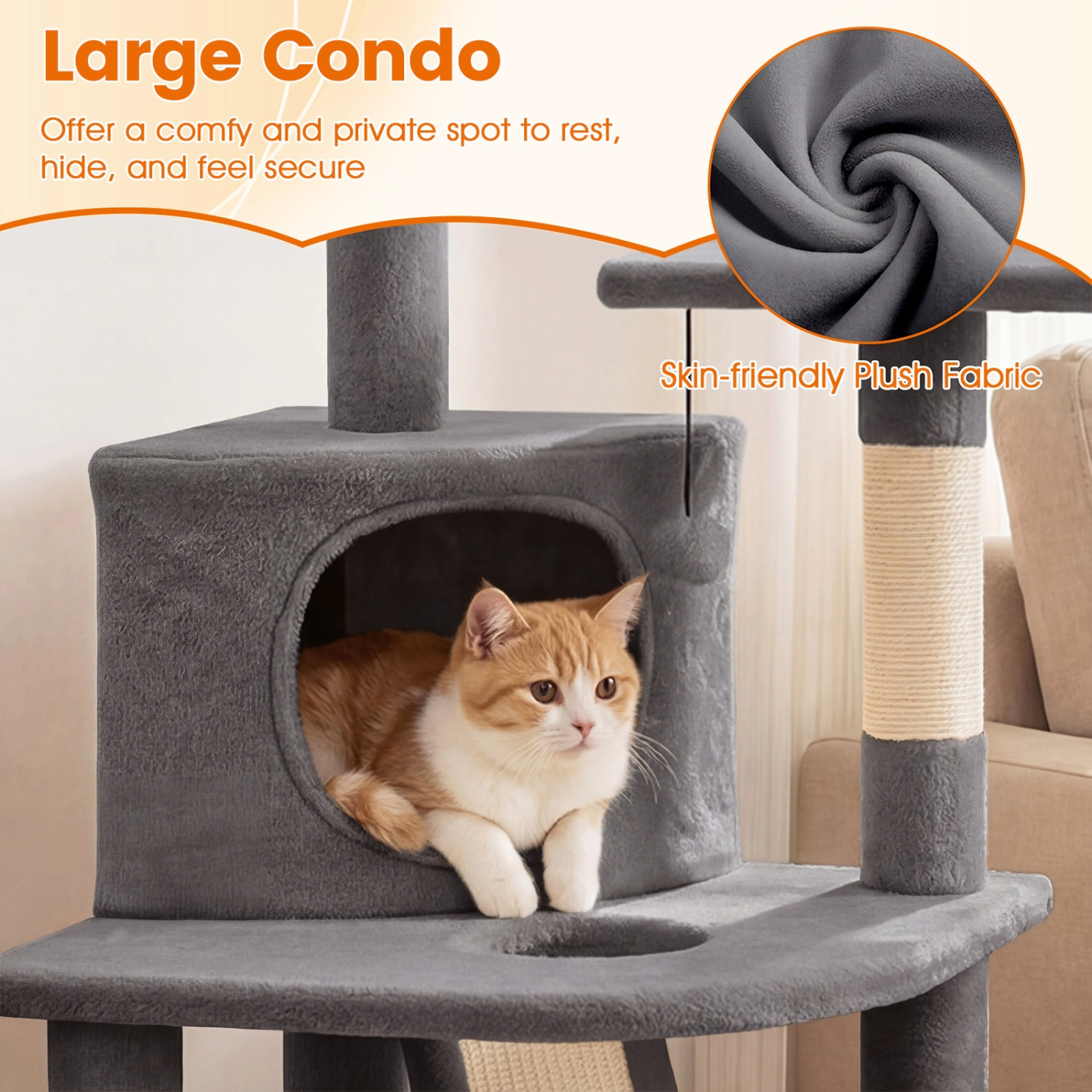 SUGIFT 44-in Dark Gray Kitten Cat Tree with Enclosed Condo Twin Plush Beds and Sisal Scratching Posts