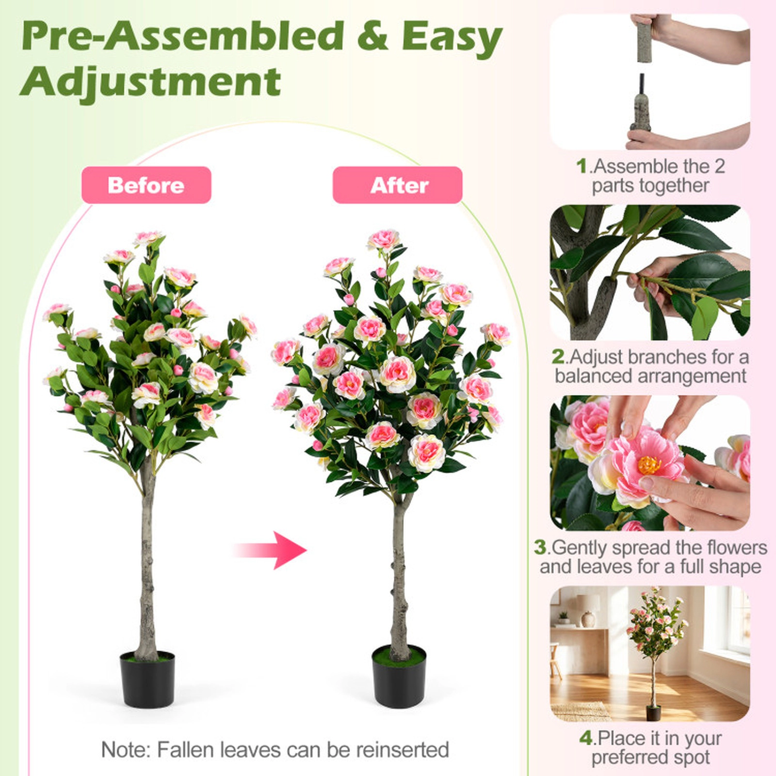 SUGIFT 50.5-in Tall Artificial Pink Camellia Tree with 27 Blossoms Green Moss and Cement-Filled Pot
