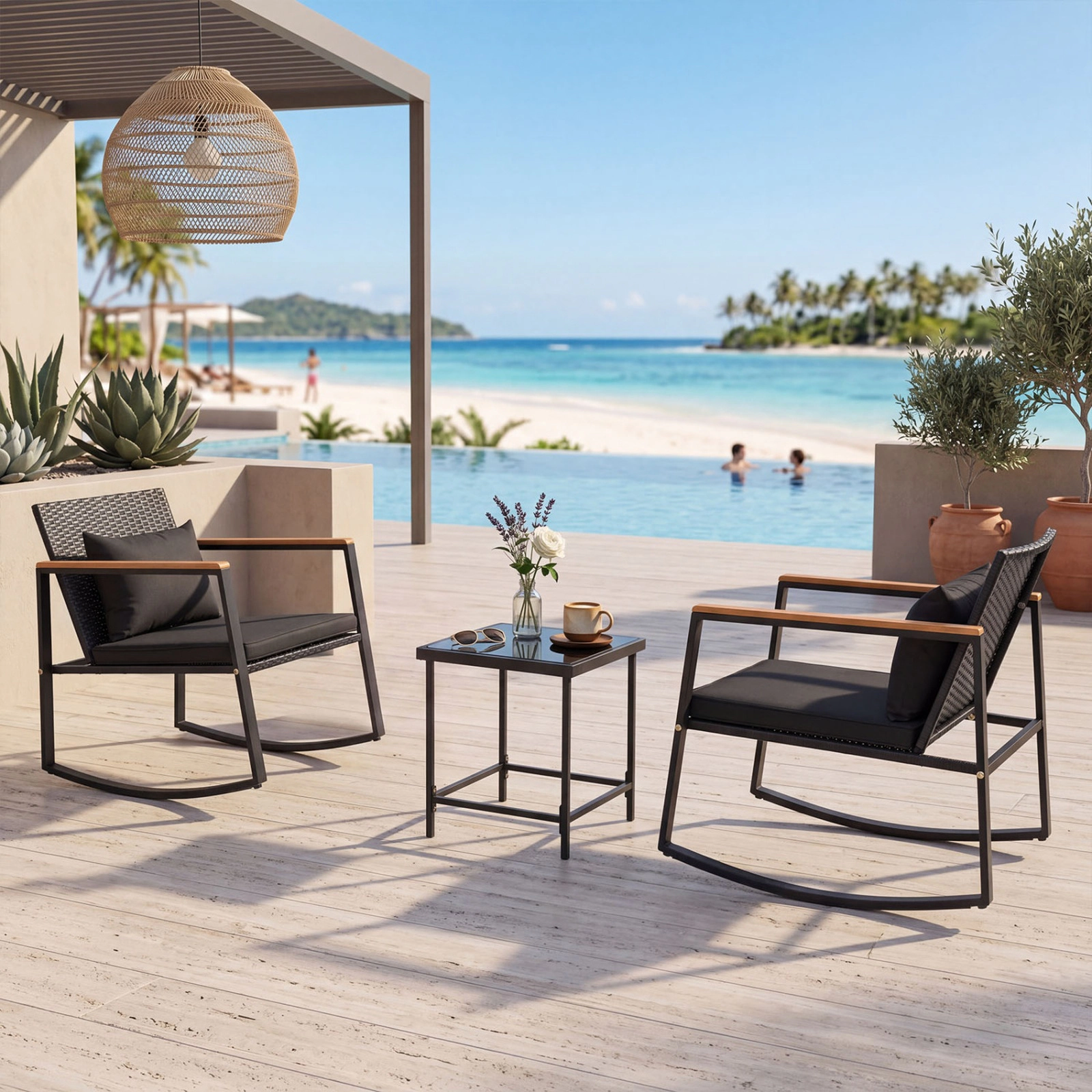 SUGIFT Outdoor Rocking Bistro Set with Cushions & Tempered Glass Table 397-lb Chair Capacity 99-lb Table Capacity Black