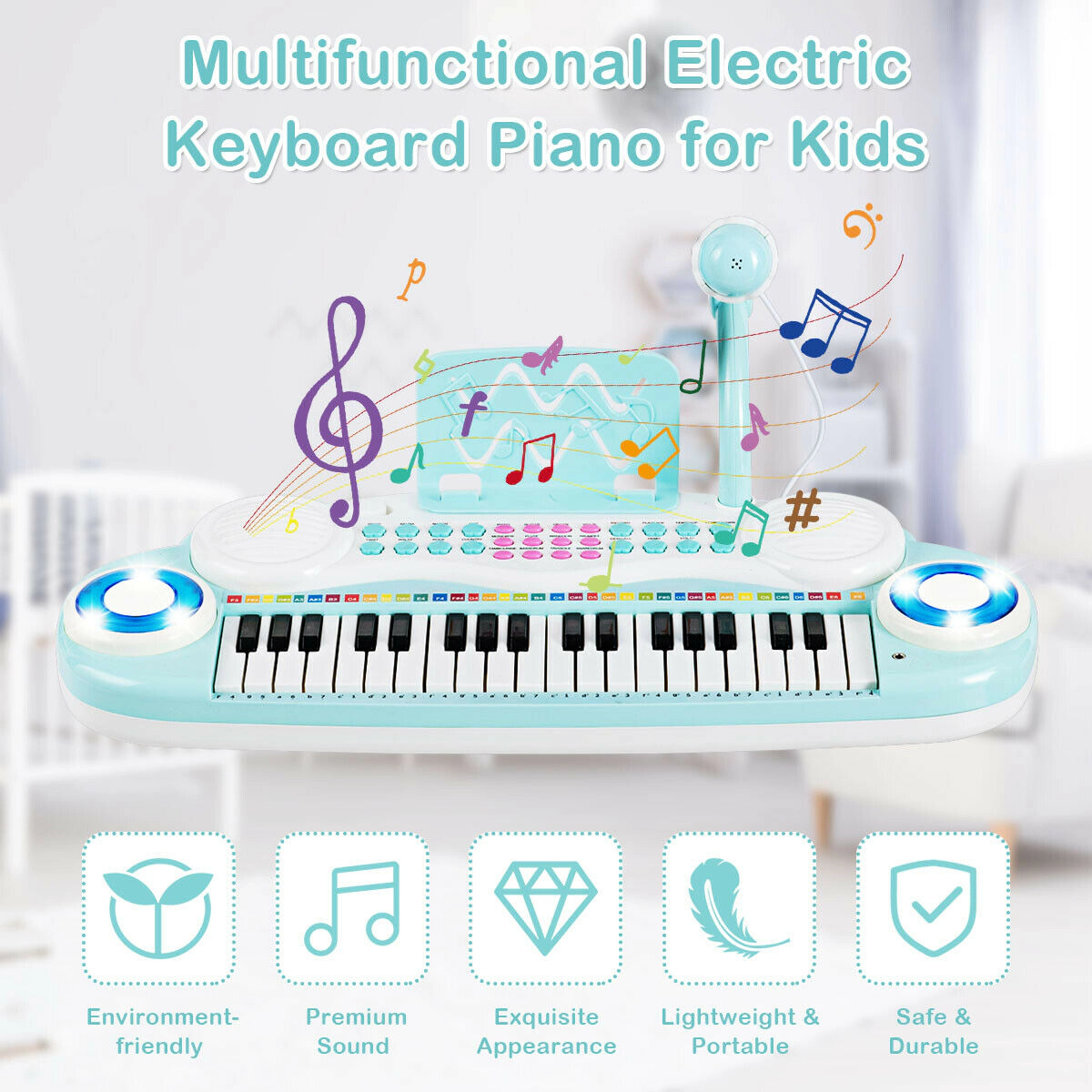 SUGIFT 37-Key Electric Keyboard Piano with Recording and Playback Ages Over 18 Months with Microphone Blue