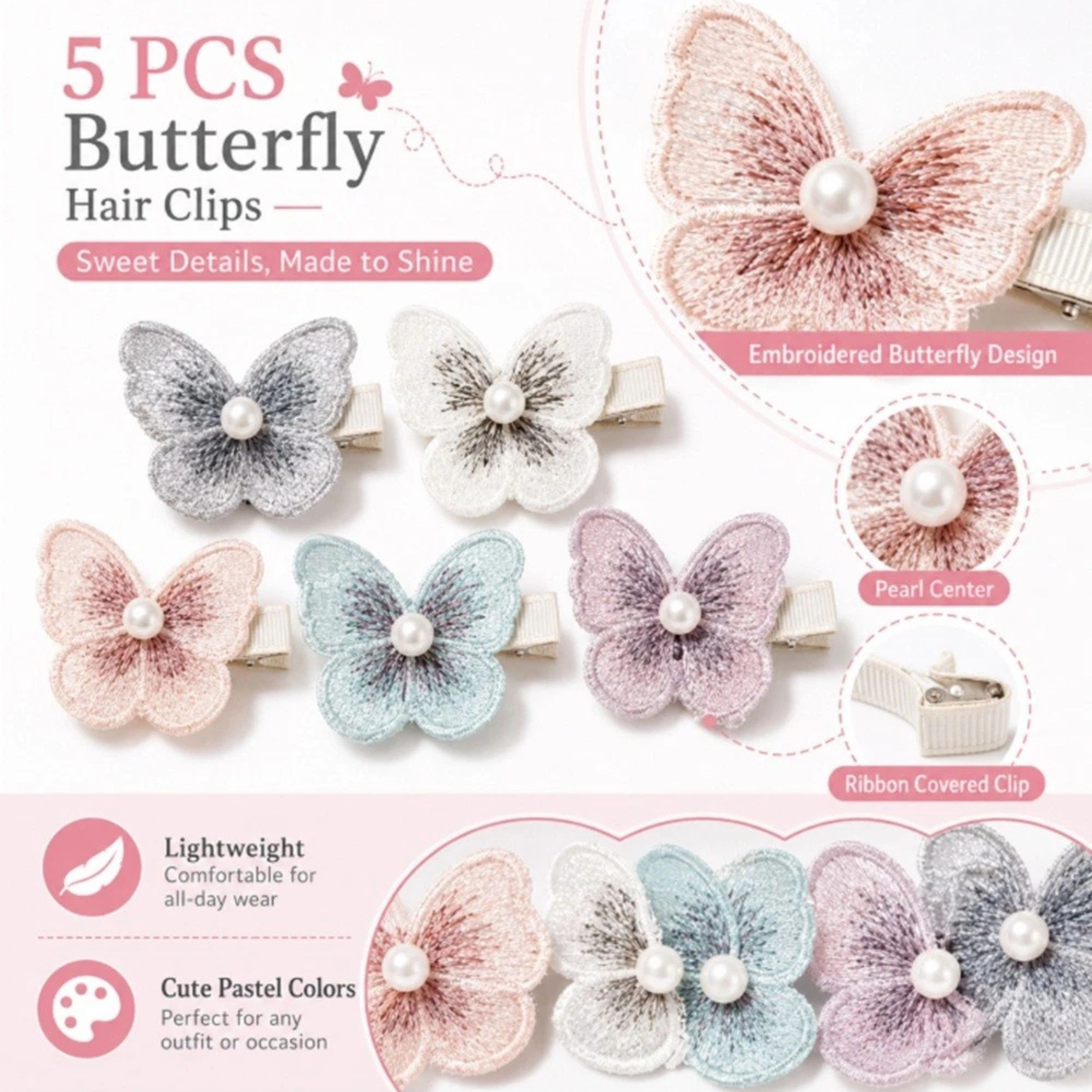 Home Collection Girls & Women 5-Pack Embroidered Butterfly Hair Clip Barrettes