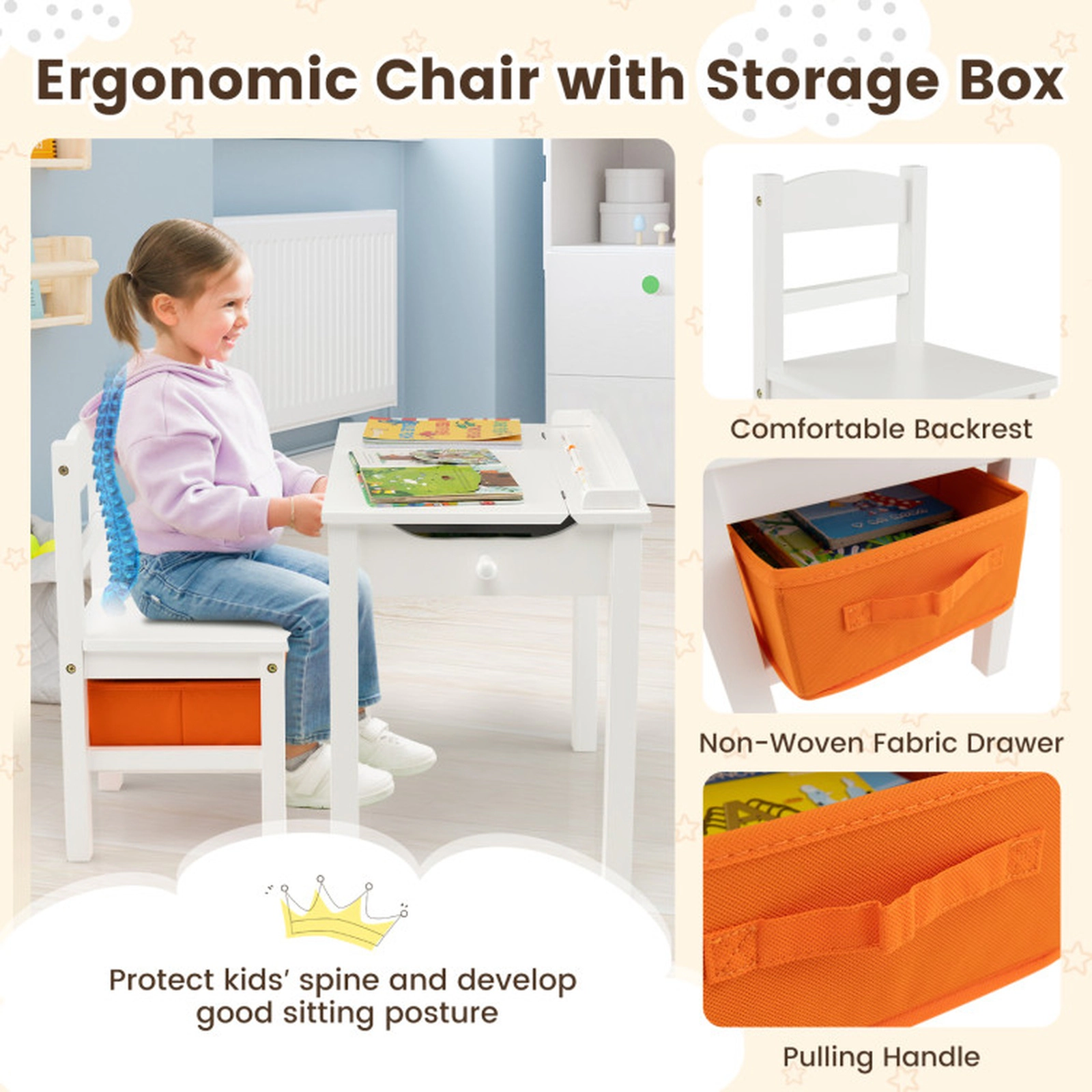 SUGIFT White Pine Wood Kids’ Activity Desk and Chair Set with Flip-Top Storage