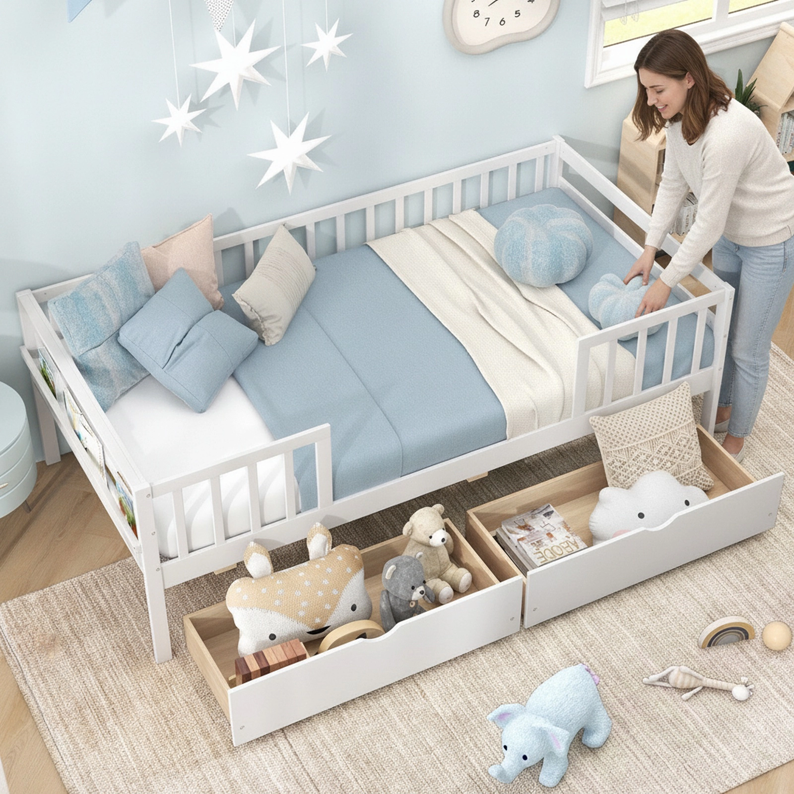 SUGIFT Twin Kids Daybed, 3-Side Fence Rails, 2 Storage Drawers, White