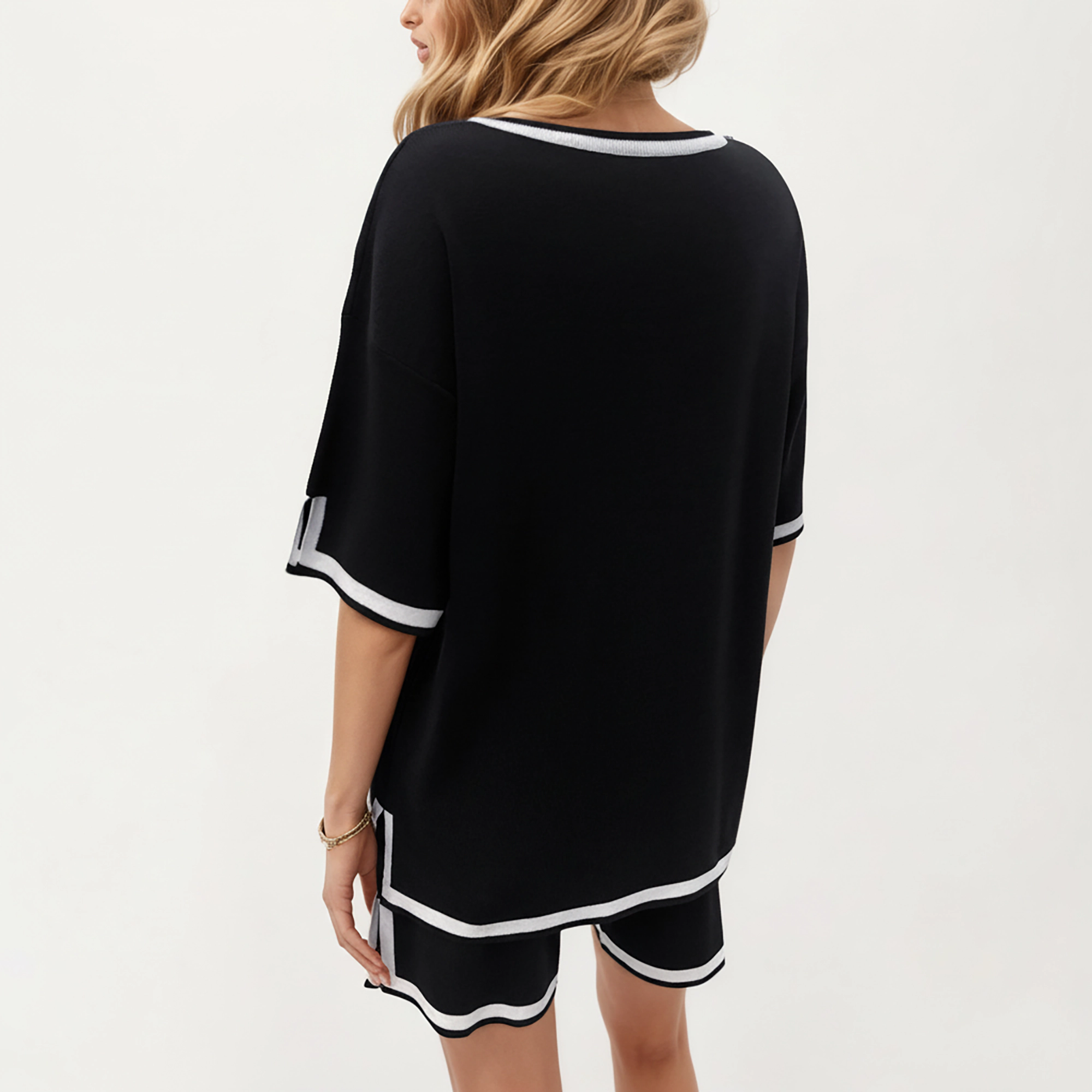 Anna-Kaci Women's Knit Lounge Set with V-Neck Top and Drawstring Shorts Featuring Contrast Trim