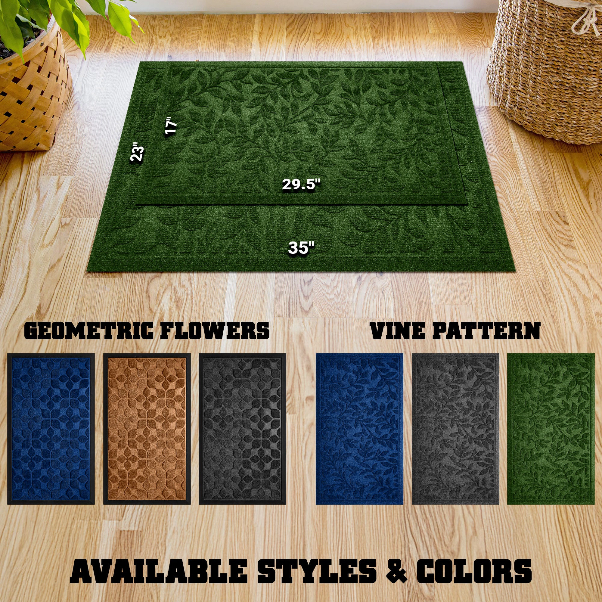 G128 Green Leaves Door Mat 23 x 35 in - Heavy Duty Polypropylene, Natural Rubber Non-Slip, Indoor/Outdoor Welcome Mat