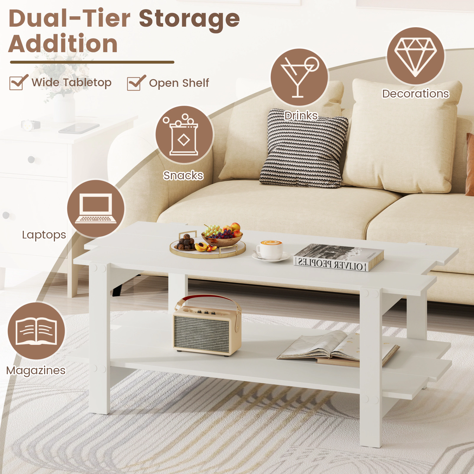 Glintex 2-Tier 45-Inch Slatted Wood Coffee Table with Full-Width Shelf