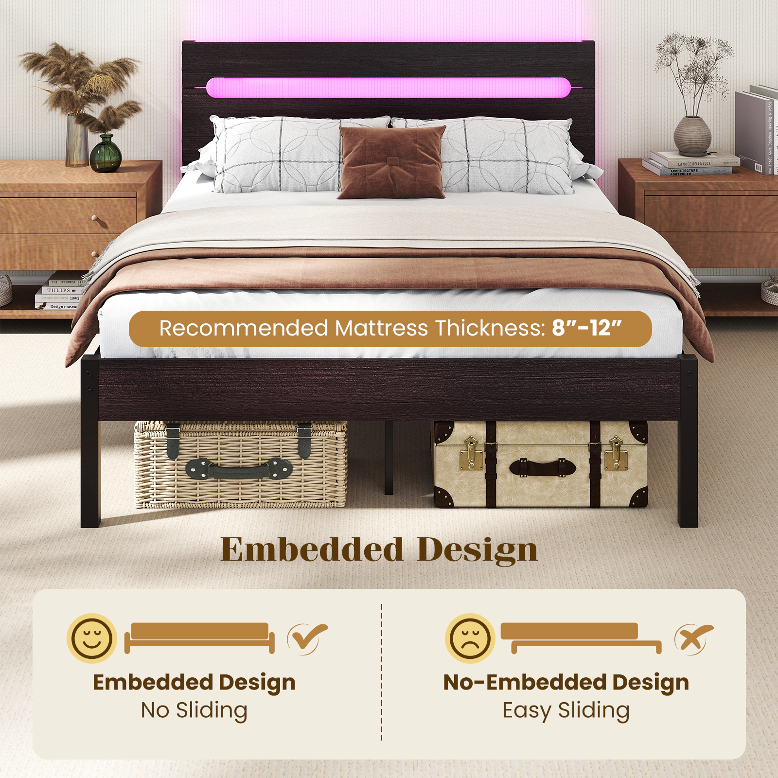 SUGIFT Metal Slats Bed Frame with Charging Station 880-lb Capacity 78-in Length Full Rustic Brown/Walnut + Black