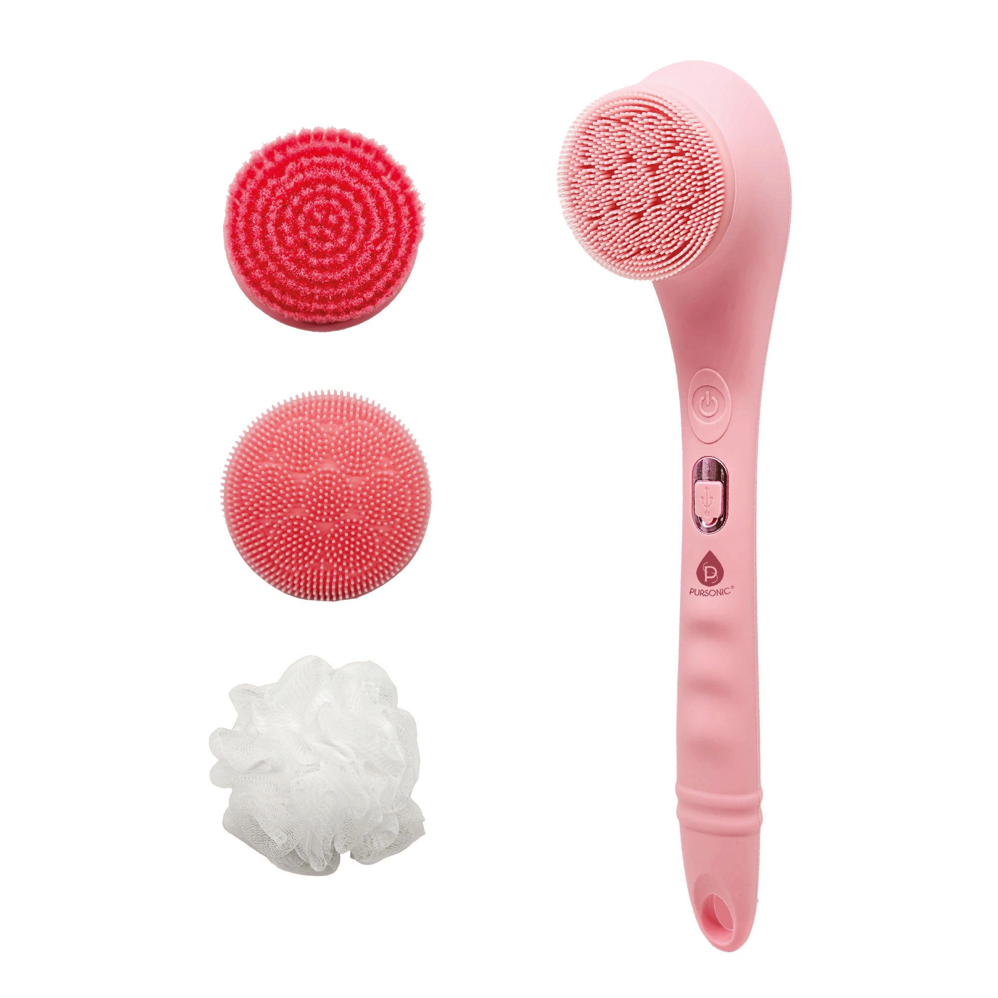 Pursonic Unisex Rechargeable Bath Care Device: Waterproof Silicone Bath Brush with 3 Interchangeable Brush Heads