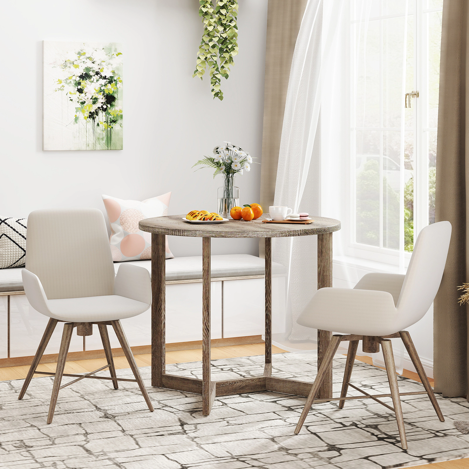 SUGIFT 36-in Grey Round Wood Dining Table for 2 to 4 People, Pedestal Base
