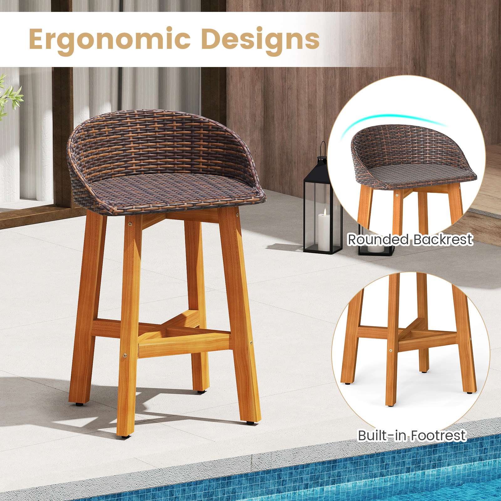 SUGIFT Acacia Wood Legs and Footrest 400-lb Set of 2 Outdoor Faux Rattan Bar Stools
