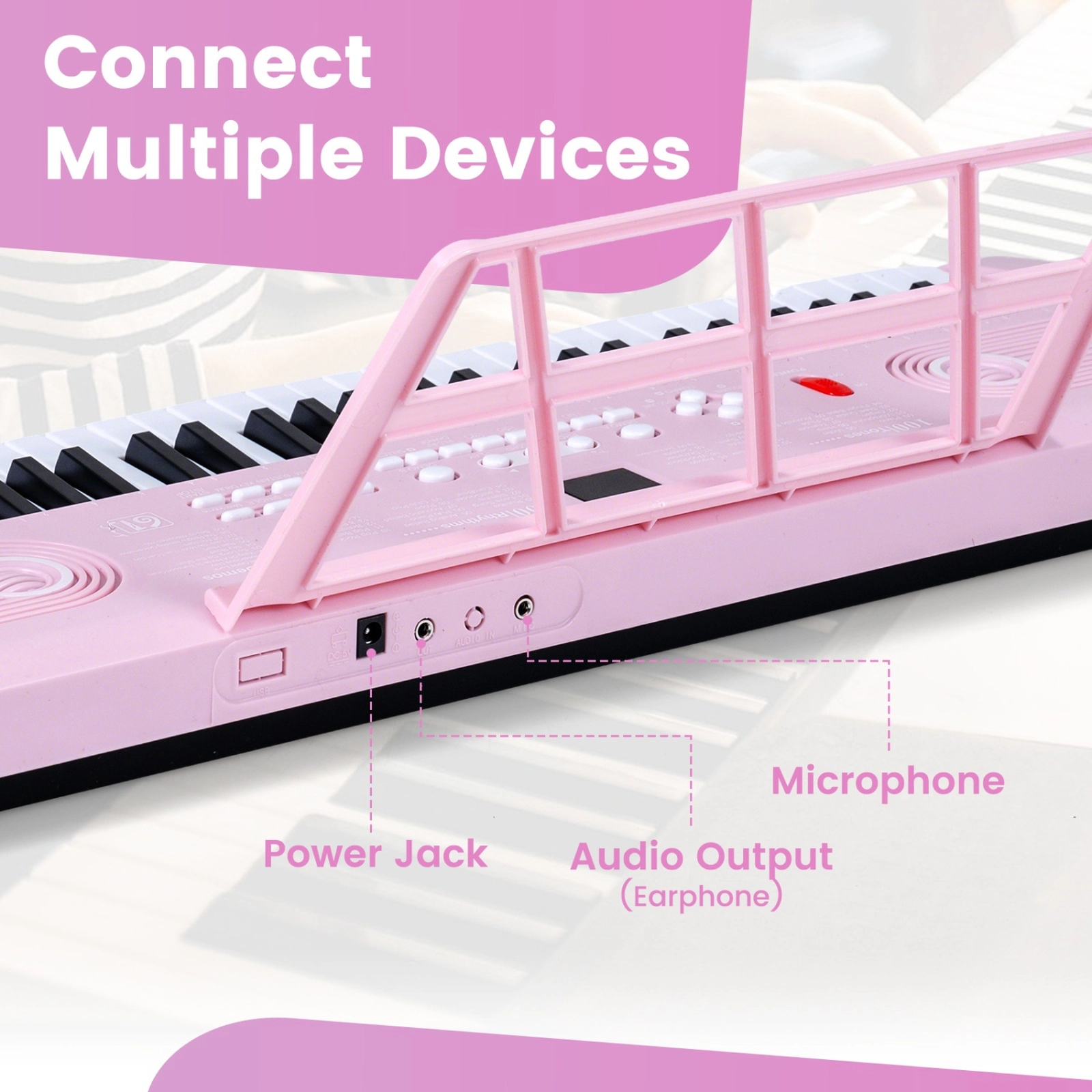SUGIFT Pink 61-Key Portable Electric Digital Keyboard Piano with Dual Speakers Keynote Stickers and Mic