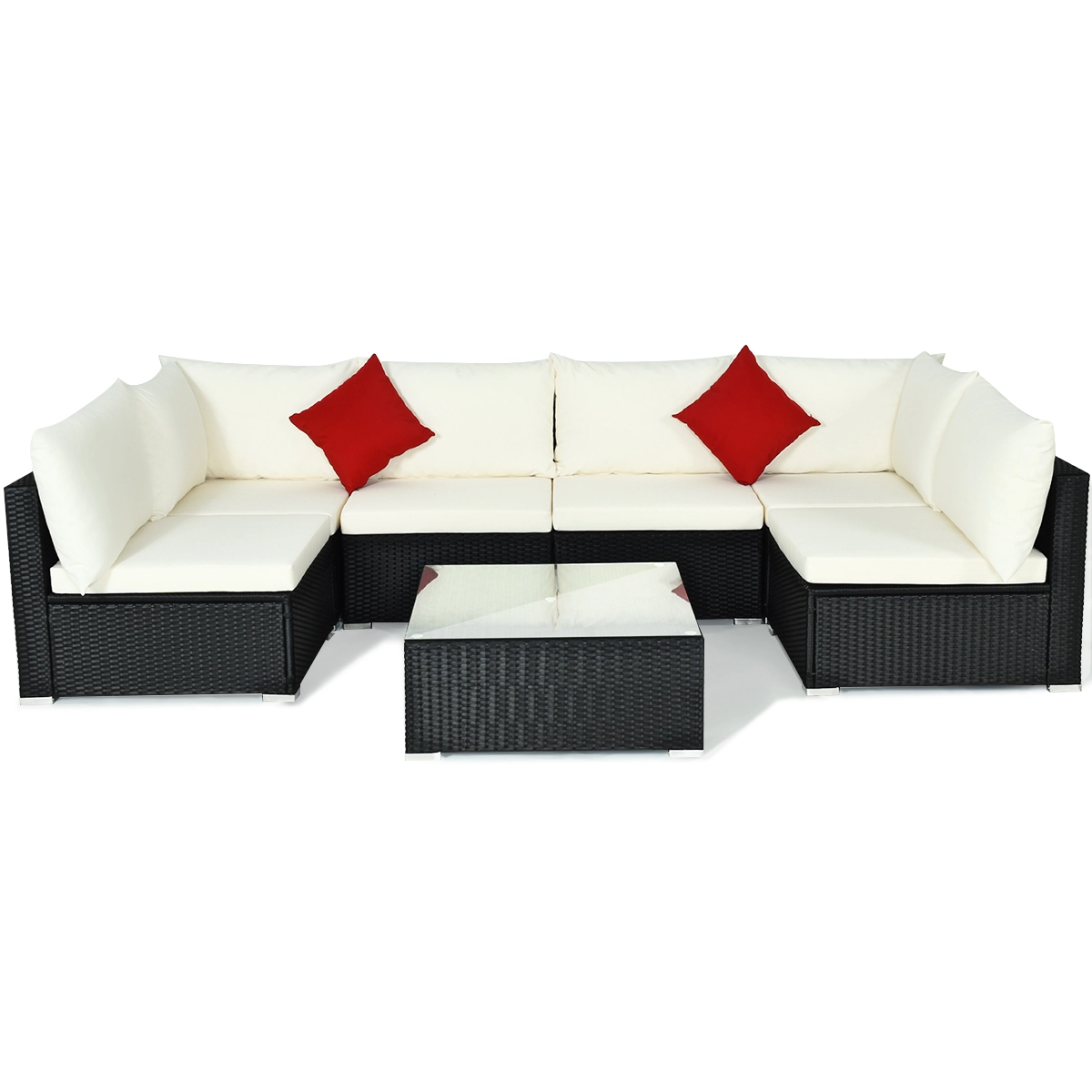 LJG 7-Piece Outdoor Sectional Wicker Patio Sofa Set with Tempered Glass Top