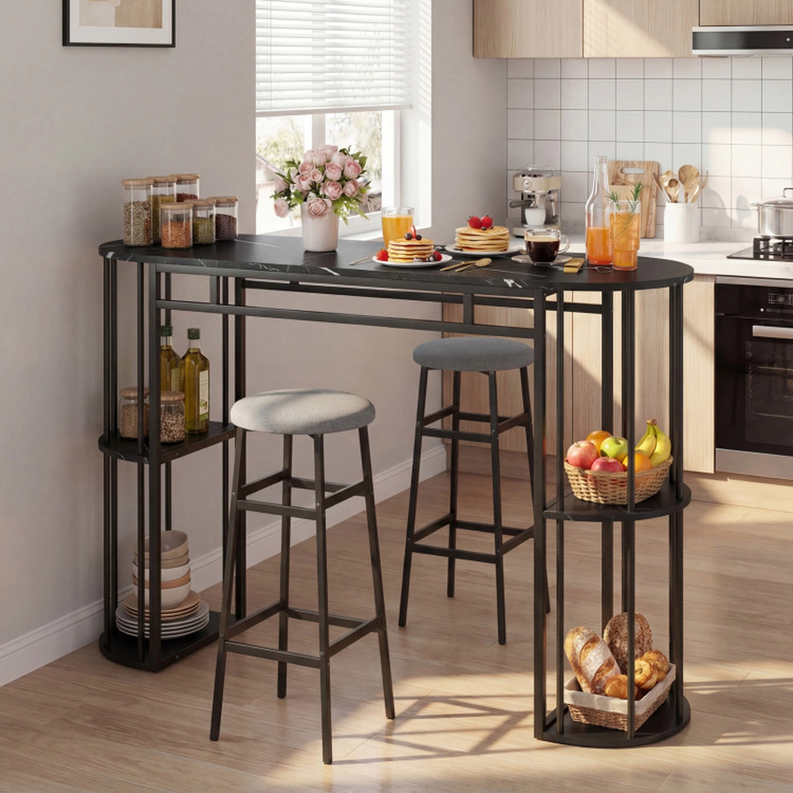 SUGIFT 60-in Dining Table and 2 Upholstered Barstools Set 135-lb Table 330-lb Stools Golden & White/Black & Gray