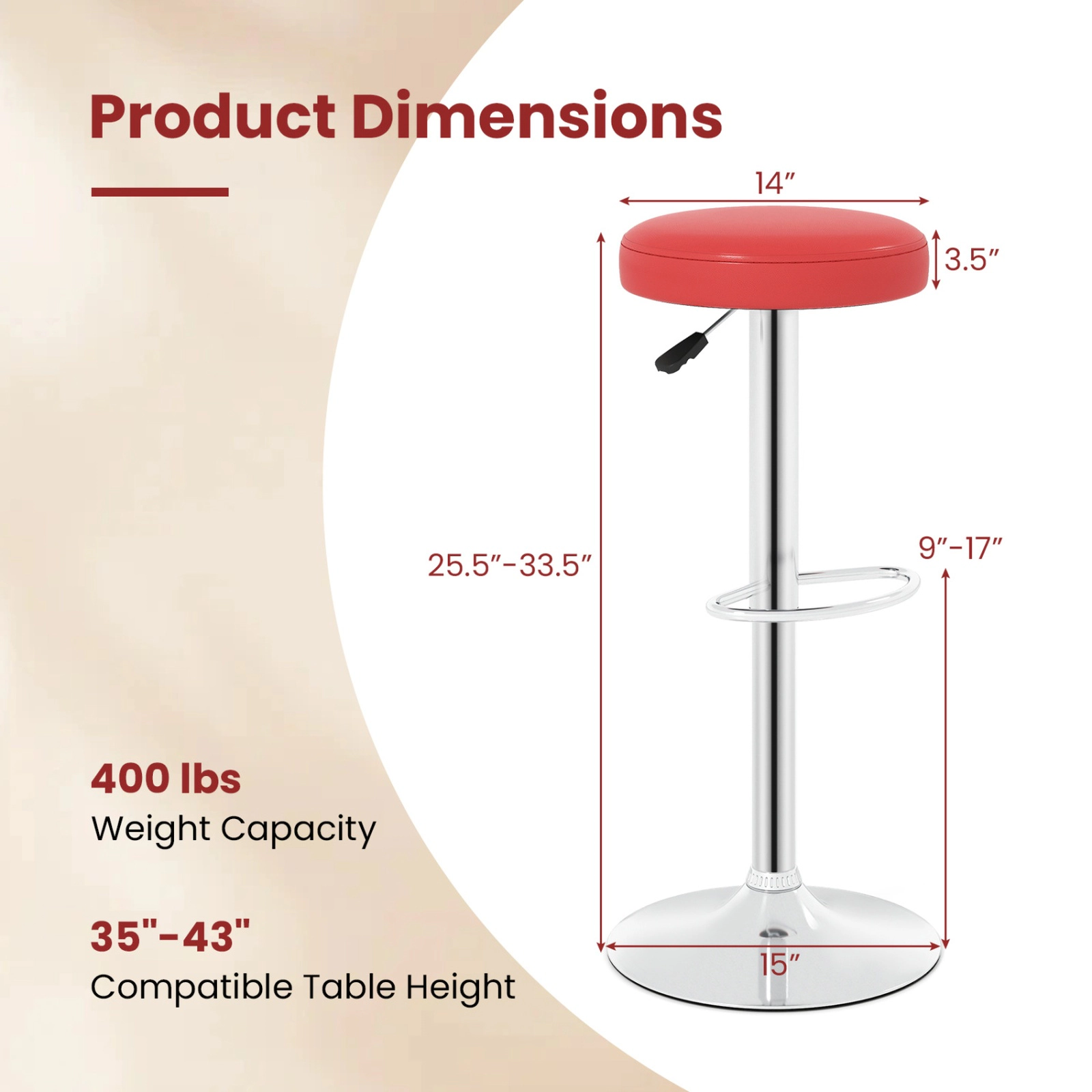 SUGIFT Set of 2 Red Adjustable Swivel Bar Stools, Backless with Footrest