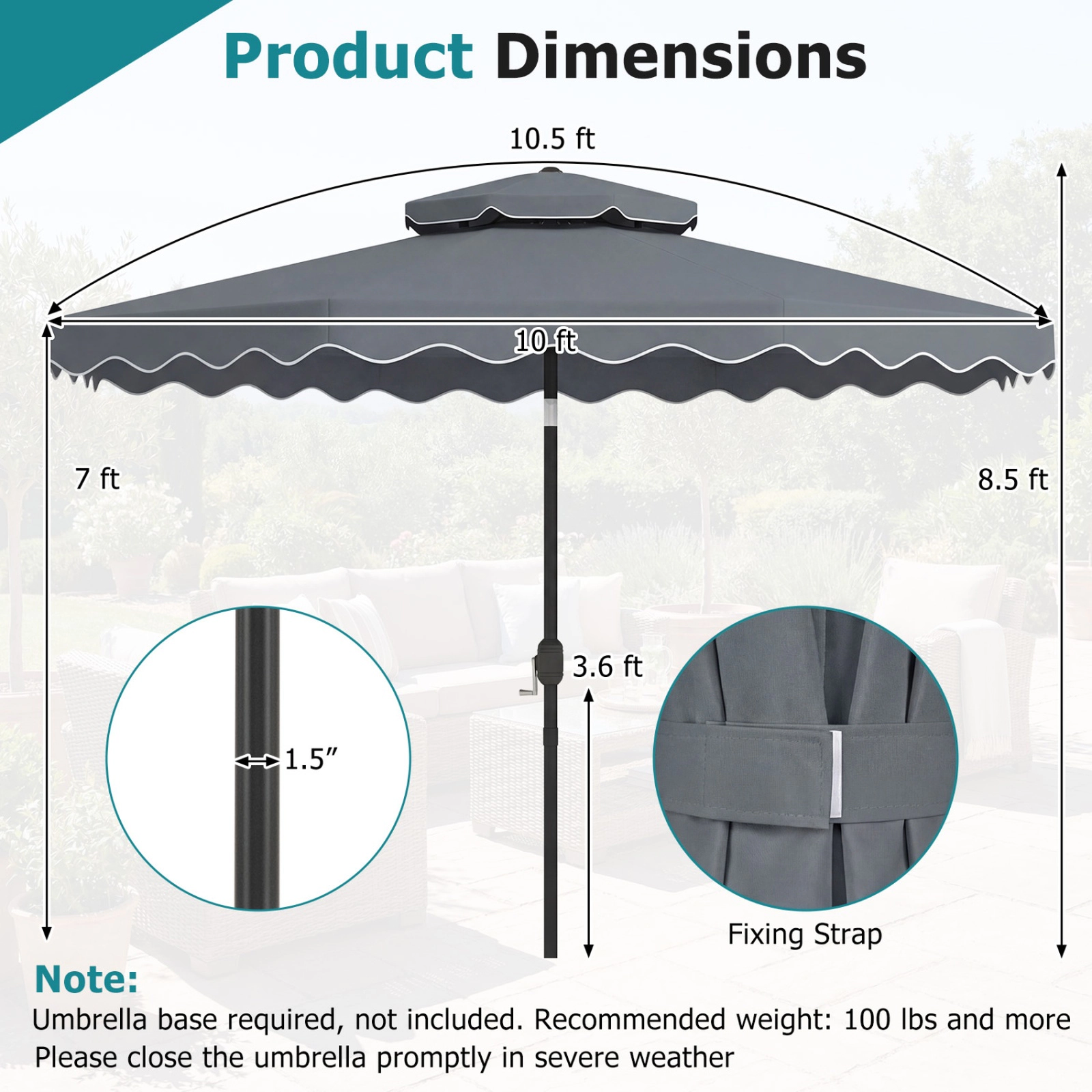 SUGIFT 10-ft Gray Patio Umbrella, 8 Ribs, Double-Vented Canopy, Crank Lift and Push-Button Tilt