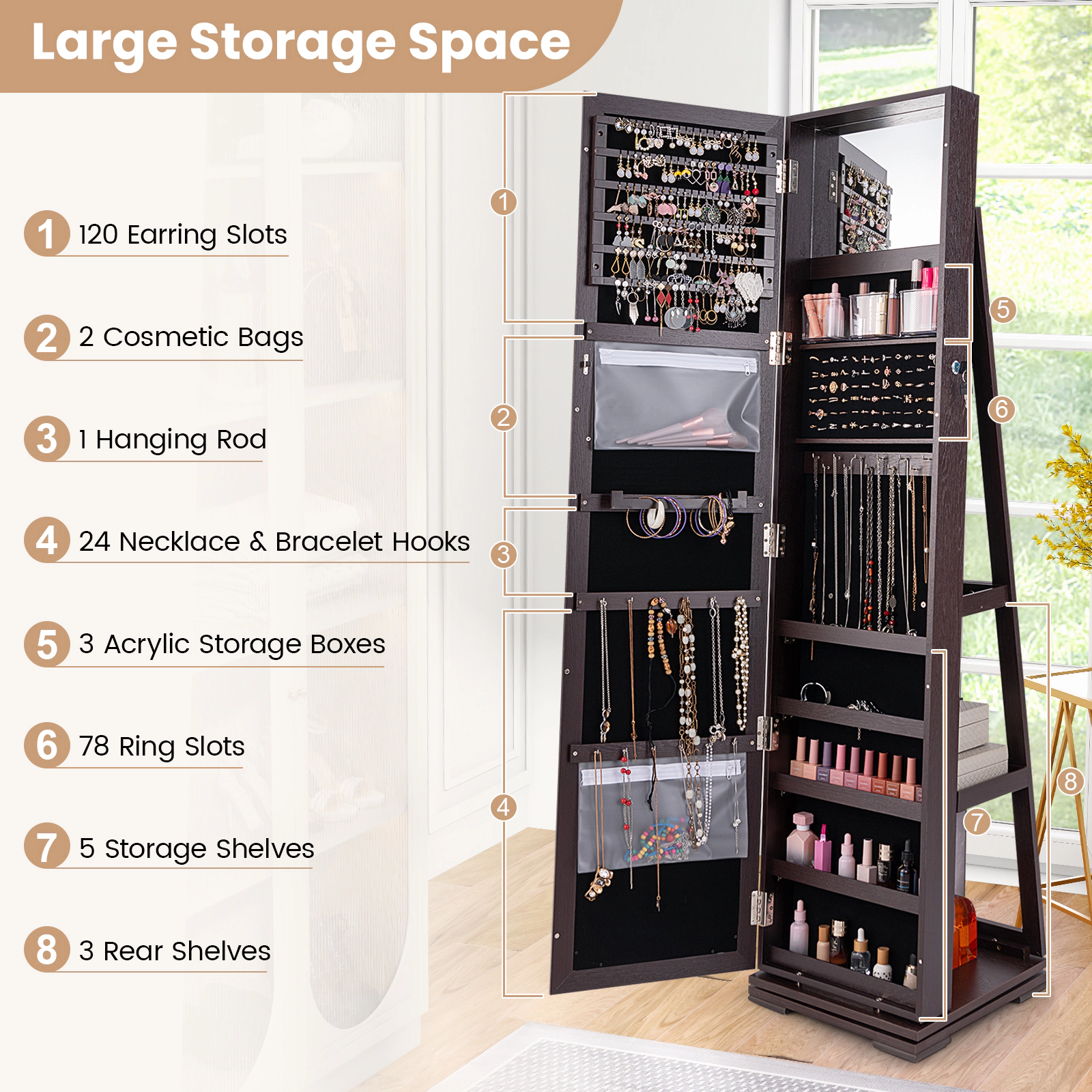 SUGIFT 360 Degree Rotatable Jewelry Cabinet 2-in-1 Lockable Armoire with Full-Length Mirror