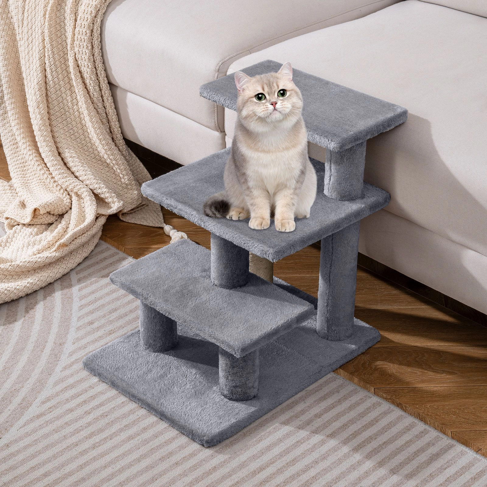SlickBlue Gray Cat Stairs with Multi-Level Platforms and Plush Cover