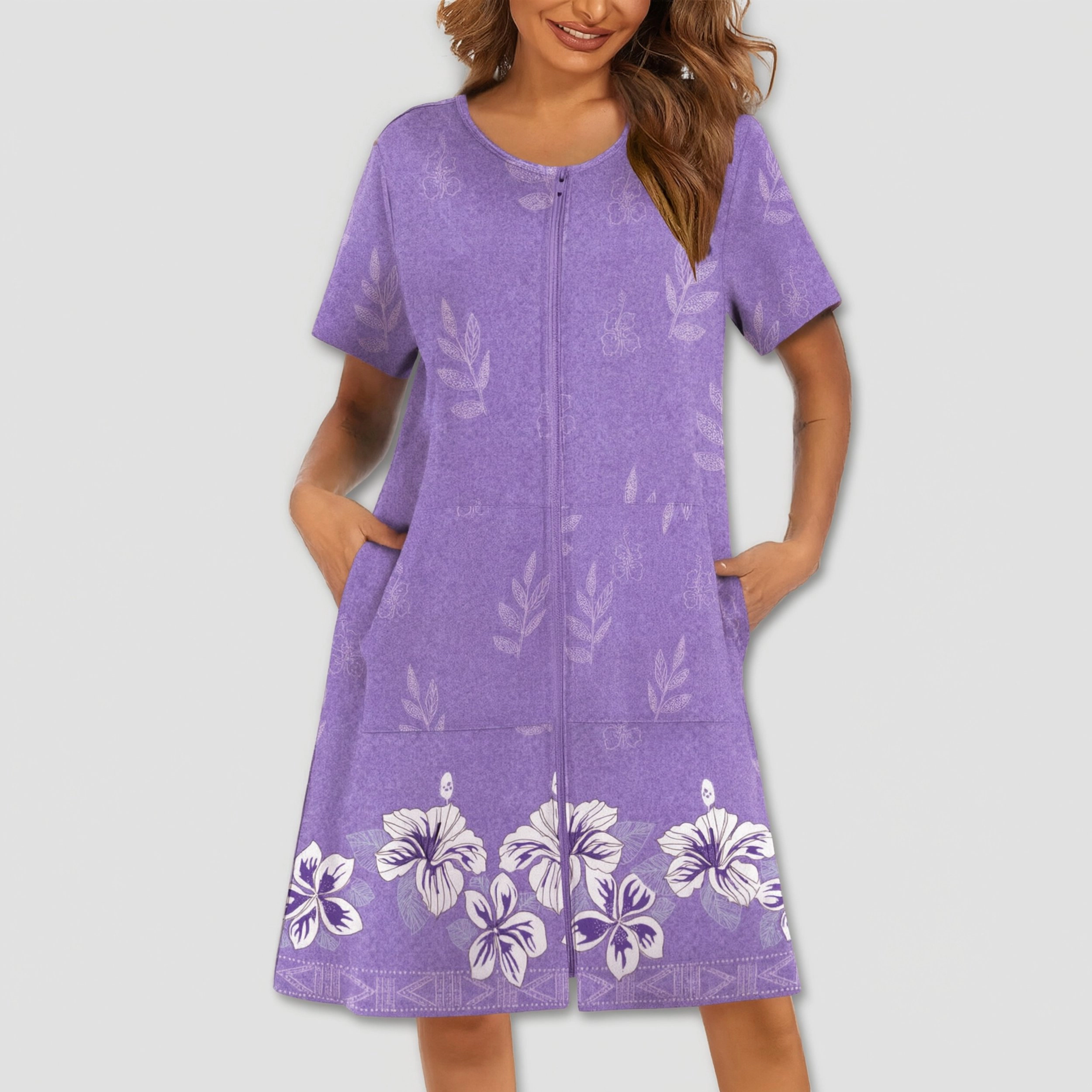 Ekouaer Women Robes Lightweight House Coat Short Sleeve Print Mumu House Dresses Zipper Nightgowns
