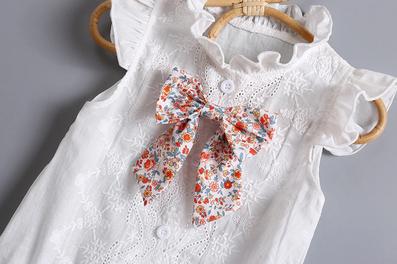 MyKids-USA Baby Girl Embroidery Pattern Round Neck Mullet Design Sleeveless Cardigan Onesies With Bow Decorations