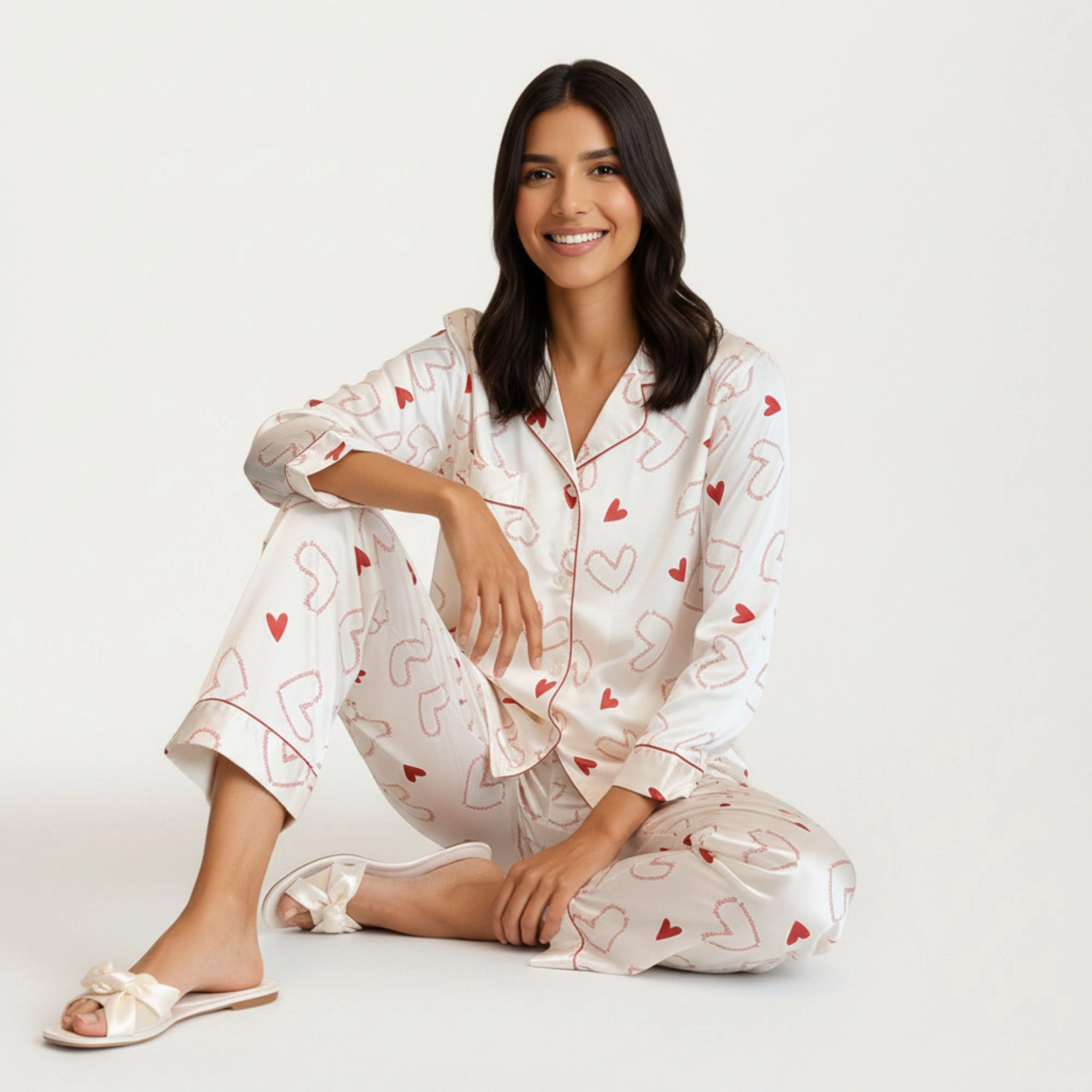 Anna-Kaci Women's 2-Piece Valentine Heart Print Satin Button Front Pajama Top Contrast Piping and Relaxed Fit Pants