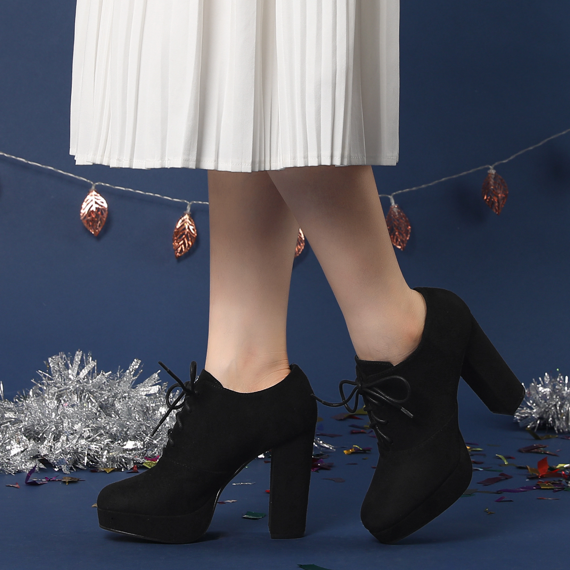 BLISSFUL STEP Women Faux Suede Lace Up Platform Chunky Heel Ankle Booties