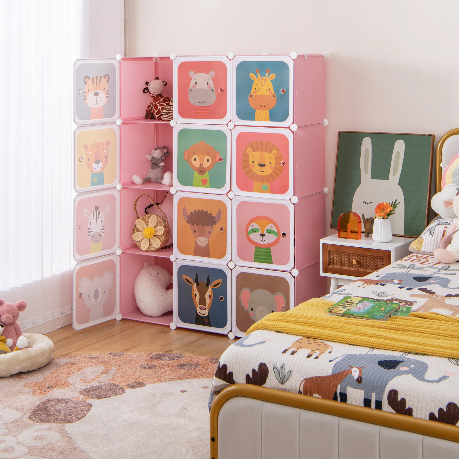 SUGIFT Kids 12-Cube Animal Print Doors Hanging Section Wardrobe Closet 43-in x 14-in x 57-in 22-lb per Cube Pink
