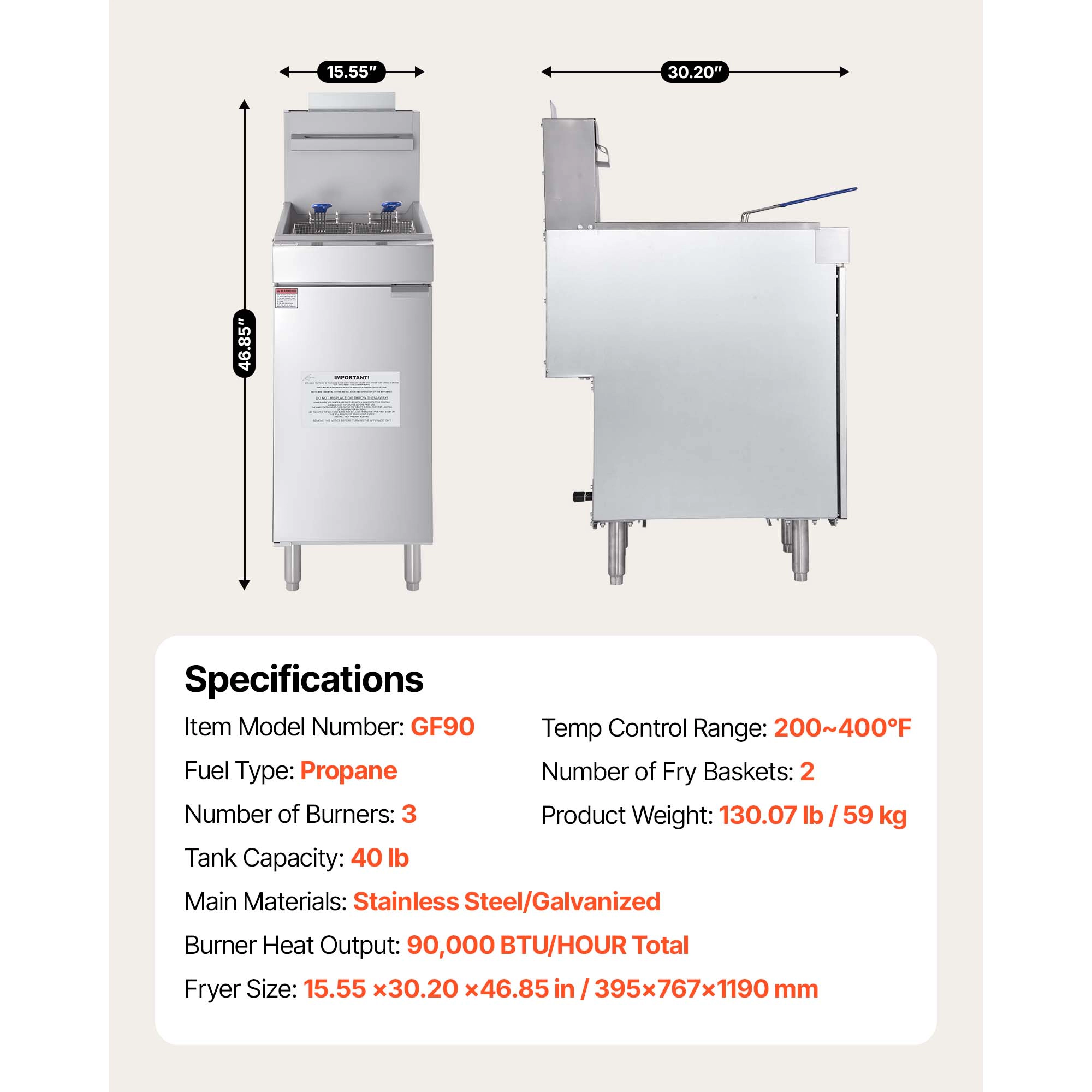 HONGGE Commercial Deep Fryer, 3-Burner Fryer for Restaurants