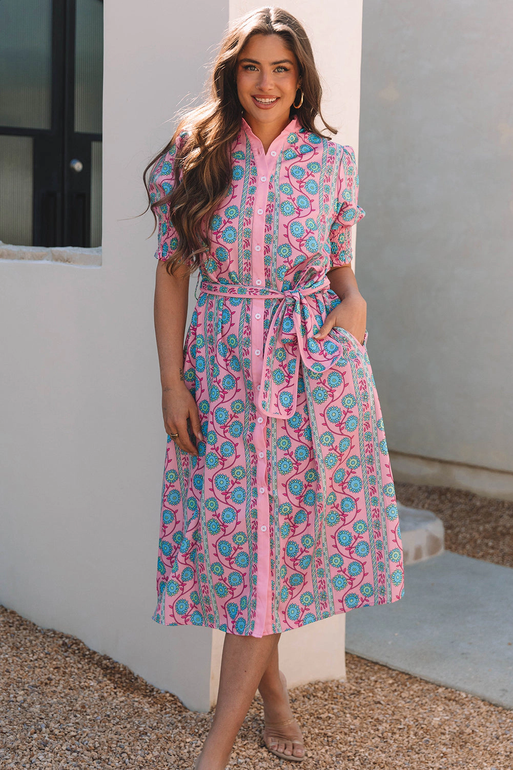 Threaded Pear Women's Zariyah Floral Shirred Buttoned Front Midi Dress